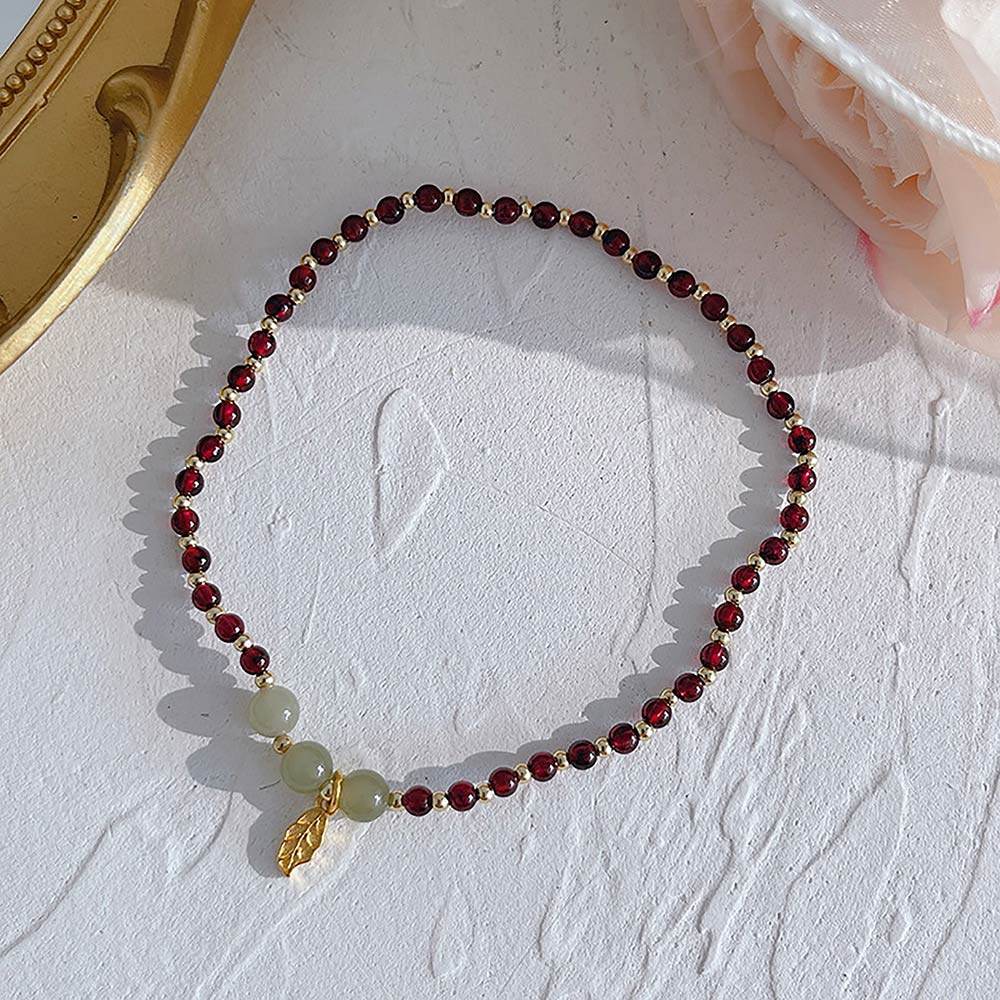 Garnet Anklet Purple Teeth Garnet Golden Charm Feng Shui Wealth Ankle Bracelet Crystal Healing Chakra Gem Bracelet - Loton Decor