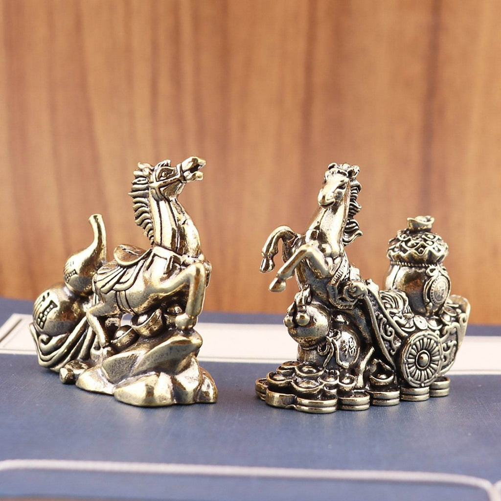 Gallop Horse Solid Brass Wealth Statue Chariot Feng Shui Talisman Longevity Gourd Money Bag Zodiac Spiritual Animal - Loton Decor