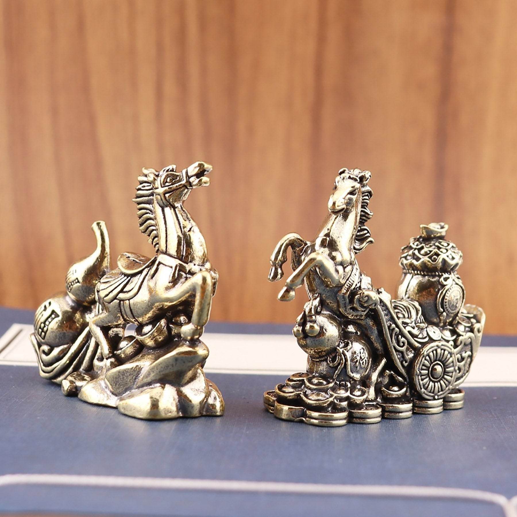Gallop Horse Solid Brass Wealth Statue Chariot Feng Shui Talisman Longevity Gourd Money Bag Zodiac Spiritual Animal - Loton Decor