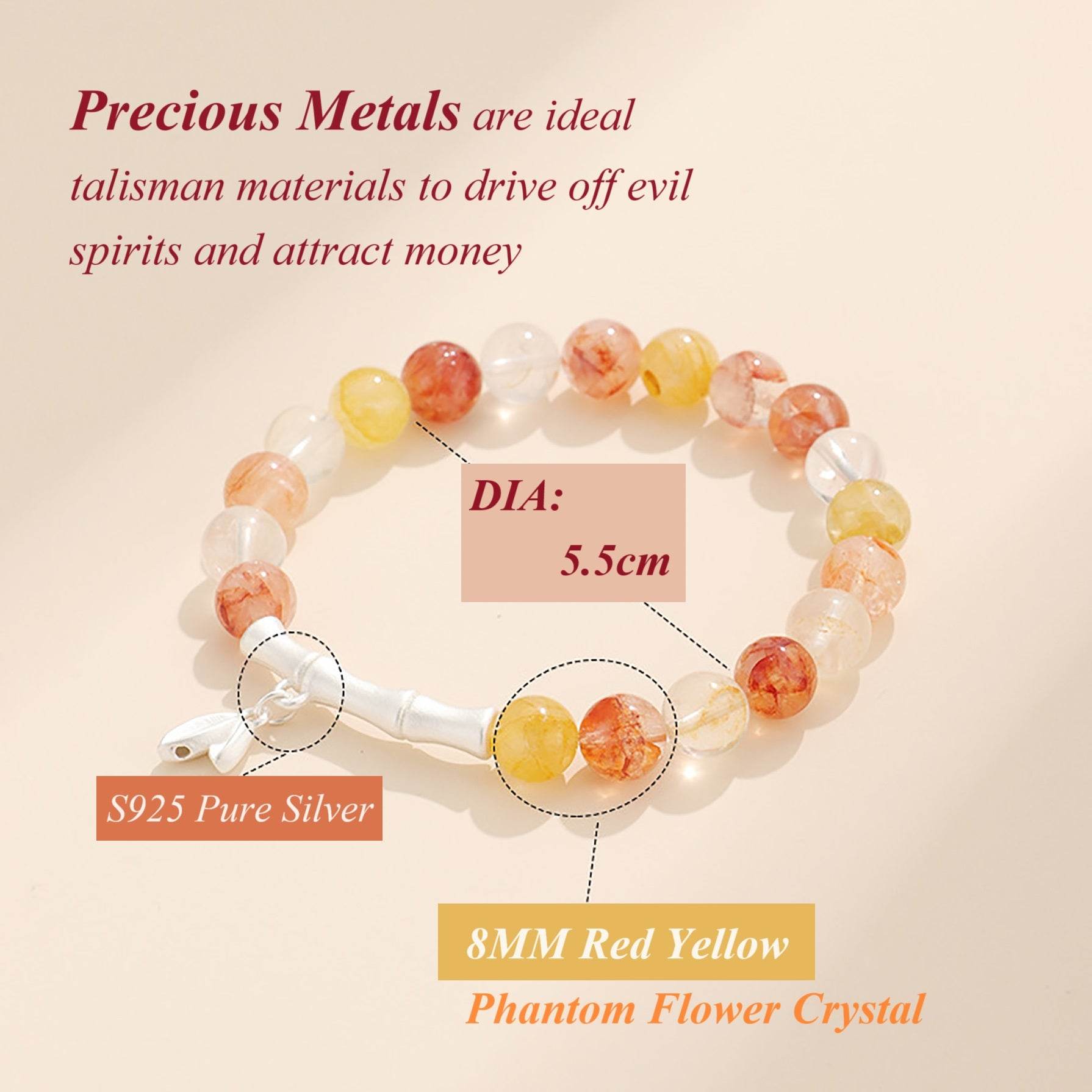 S925 Pure Silver Bamboo Charm Feng Shui Wealth Bracelet Fu Lu Shou Longevity Phantom Crystal Bracelet - Loton Decor