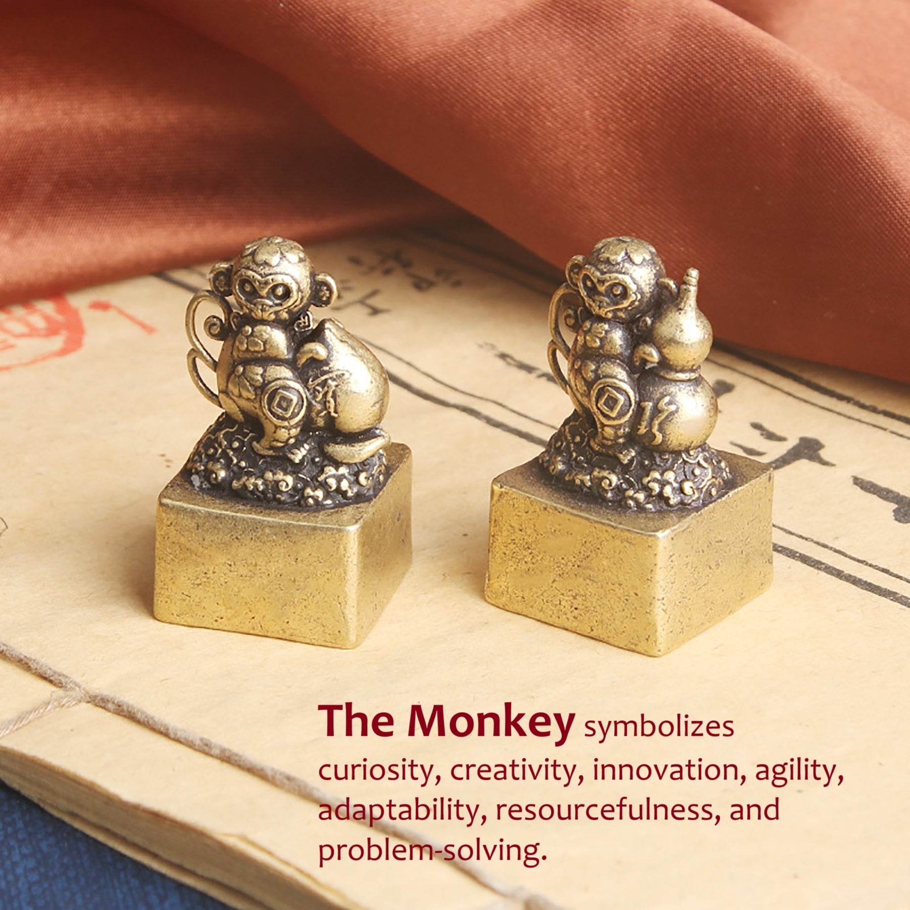 Brass Monkey Signet Cute Spiritual Zodiac Animal Stamps Feng Shui Gourd Peach Longevity Amulet - Loton Decor