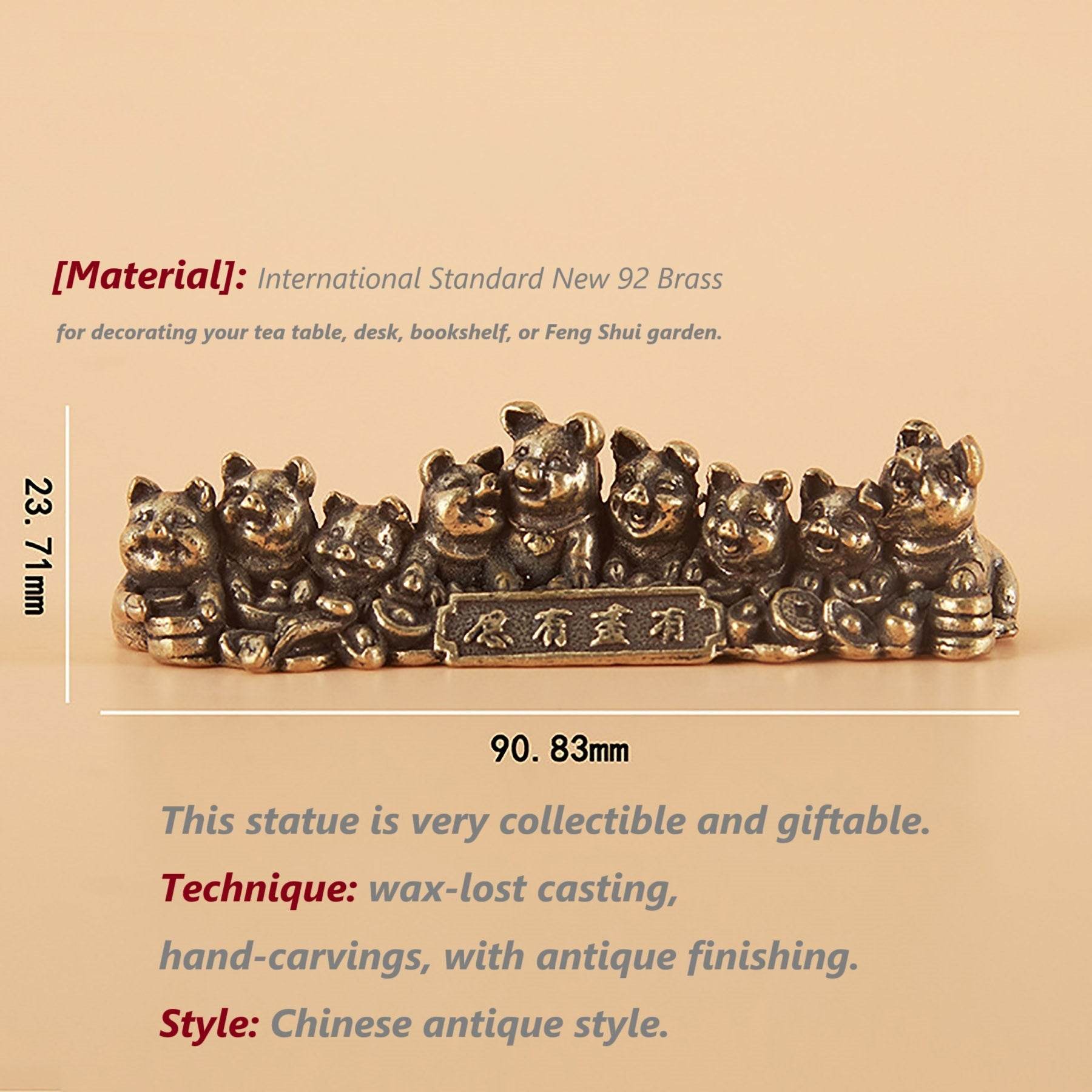 Solid Brass Pigs and Ingots Feng Shui Wealth Statue Zodiac Animal Figurine Desktop Metal Art Prosperity - Loton Decor