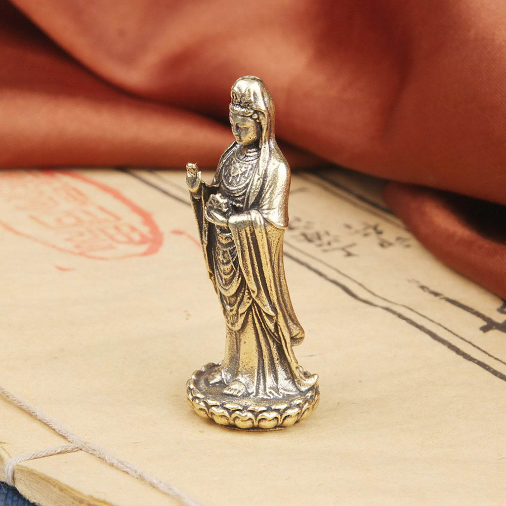 Solid Brass South Sea Guan Yin Statue Miniature Feng Shui Wealth Kwan Yin Spiritual Meditation Decor for Prosperity Tranquility - Loton Decor
