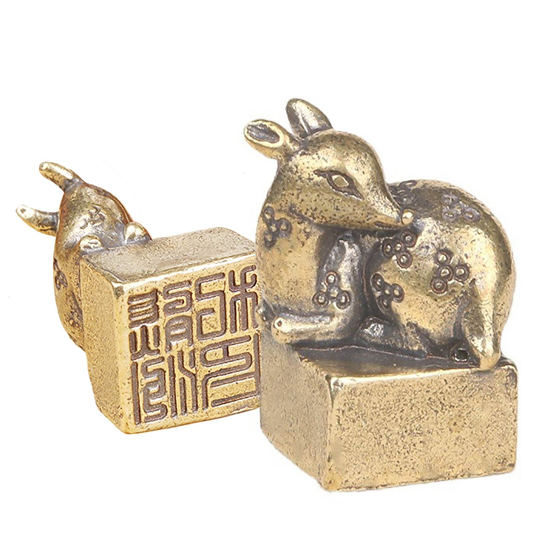 Brass Sika Deer Stamp Metal Art Forest Spiritual Animal Figurine Signet Feng Shui Wealth Amulet Seal for Tranquility Luck Happiness - Loton Decor