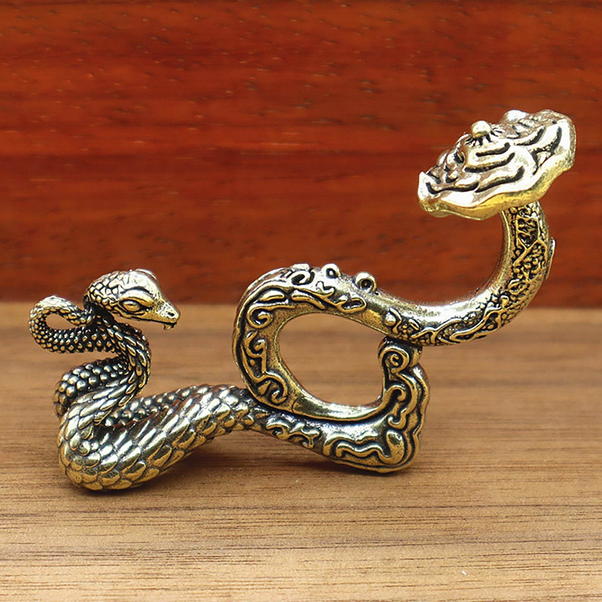 Solid Brass Snake Wealth Statue Holding Ruyi Talisman for 2025 Zodiac Spiritual Animal Smooth Luck Metal Art Prosperity - Loton Decor
