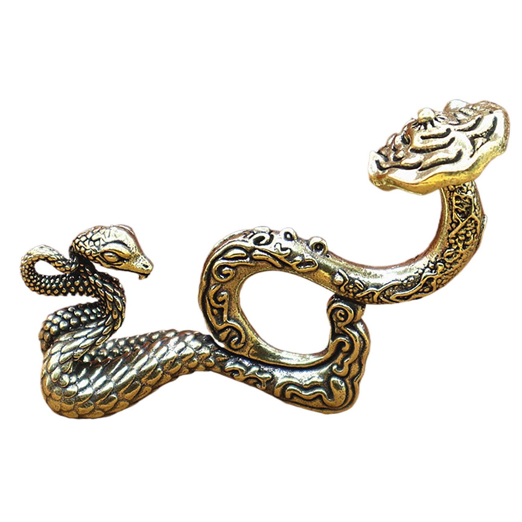 Solid Brass Snake Wealth Statue Holding Ruyi Talisman for 2025 Zodiac Spiritual Animal Smooth Luck Metal Art Prosperity - Loton Decor