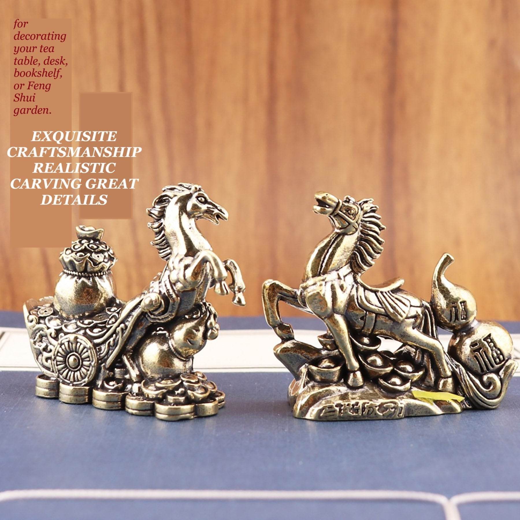 Gallop Horse Solid Brass Wealth Statue Chariot Feng Shui Talisman Longevity Gourd Money Bag Zodiac Spiritual Animal - Loton Decor
