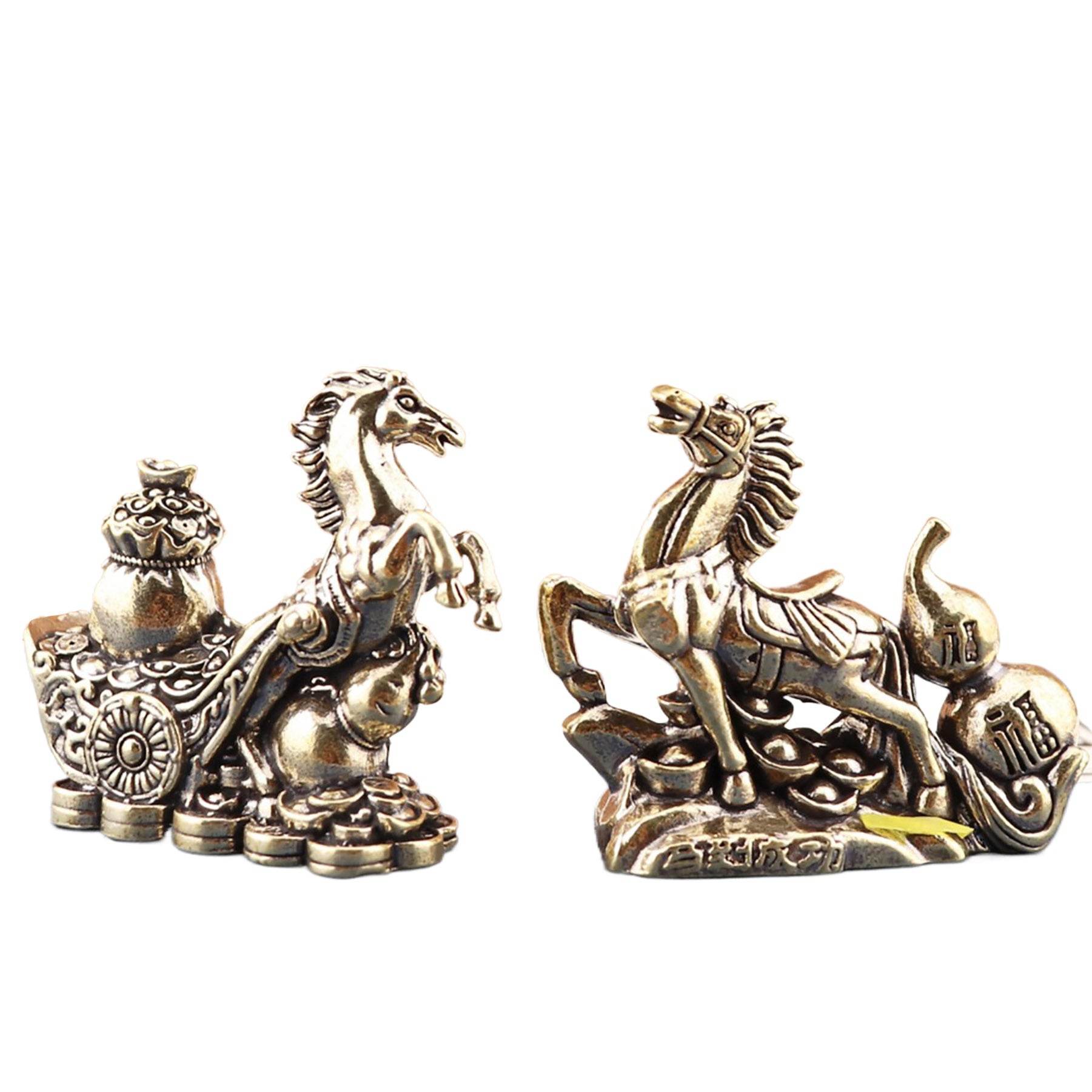 Gallop Horse Solid Brass Wealth Statue Chariot Feng Shui Talisman Longevity Gourd Money Bag Zodiac Spiritual Animal - Loton Decor
