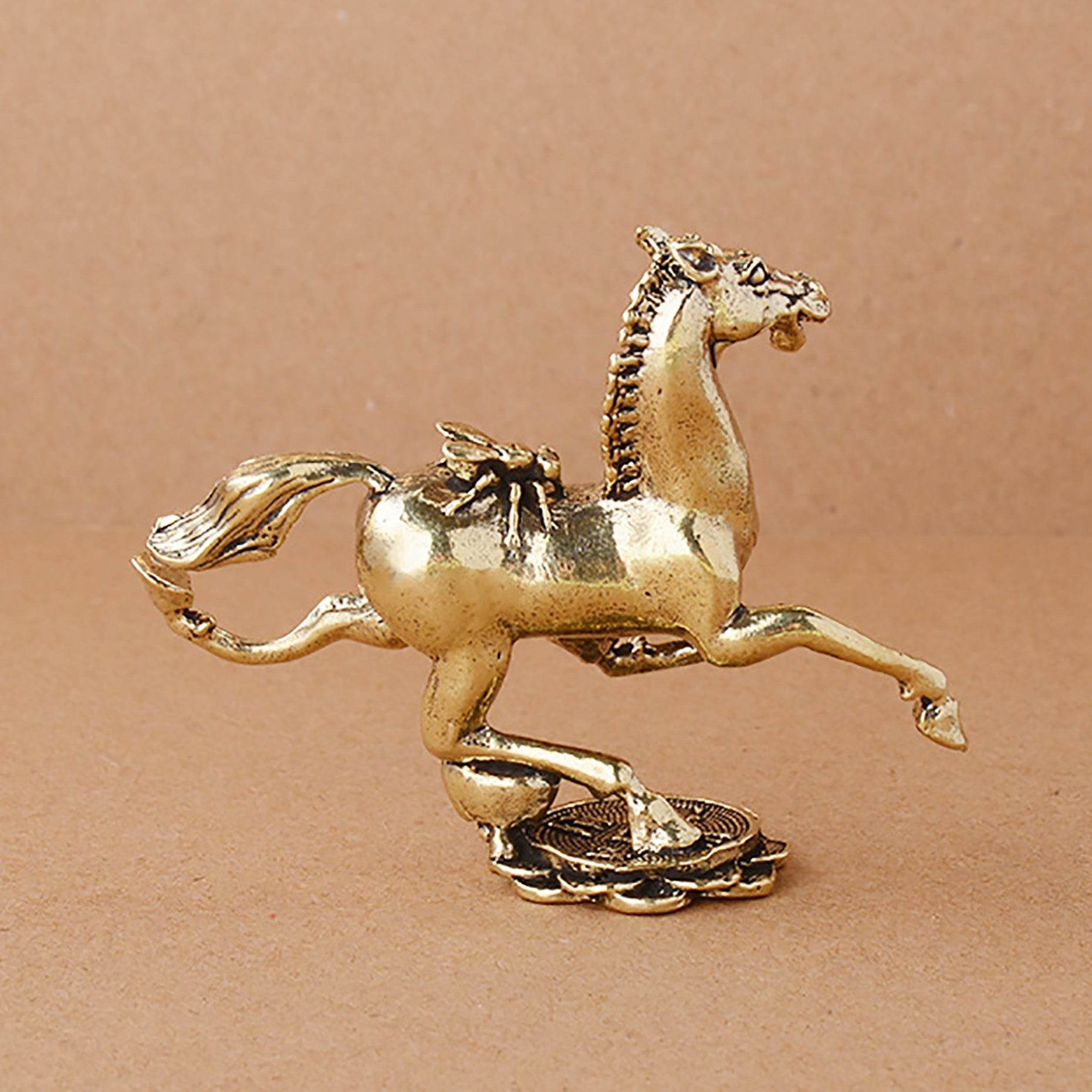 Gallop Horse Solid Brass Statue Tread on Coin Metal Art Talisman Zodiac Spiritual Animal for Windfall Money - Loton Decor
