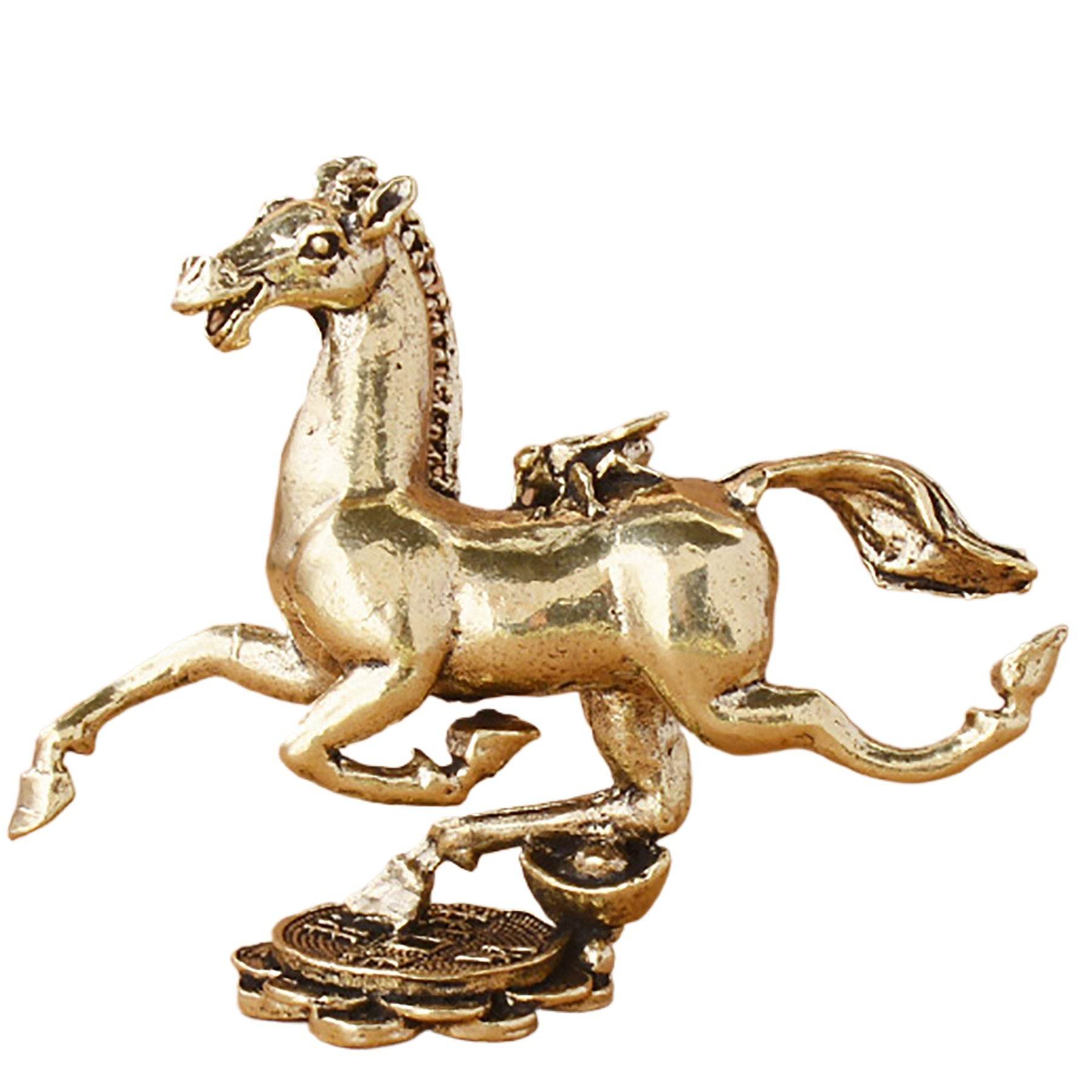Gallop Horse Solid Brass Statue Tread on Coin Metal Art Talisman Zodiac Spiritual Animal for Windfall Money - Loton Decor