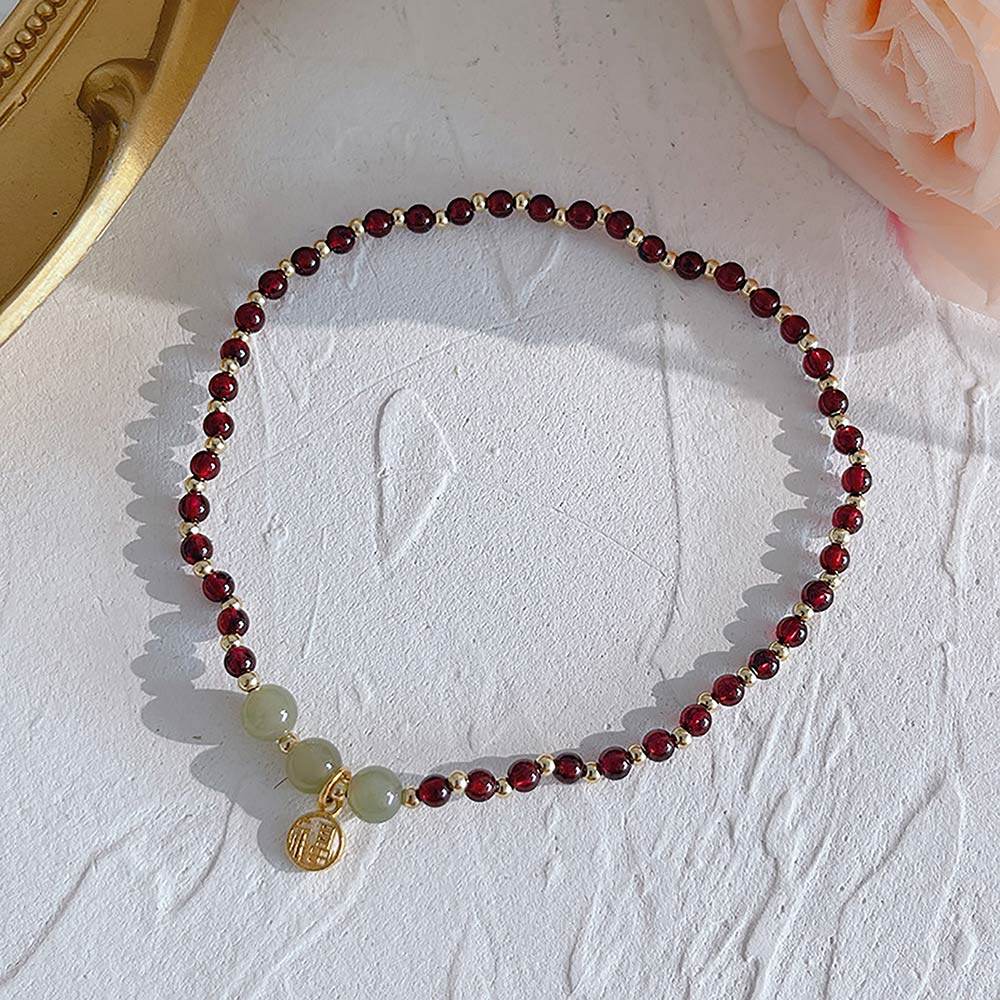 Garnet Anklet Purple Teeth Garnet Golden Charm Feng Shui Wealth Ankle Bracelet Crystal Healing Chakra Gem Bracelet - Loton Decor
