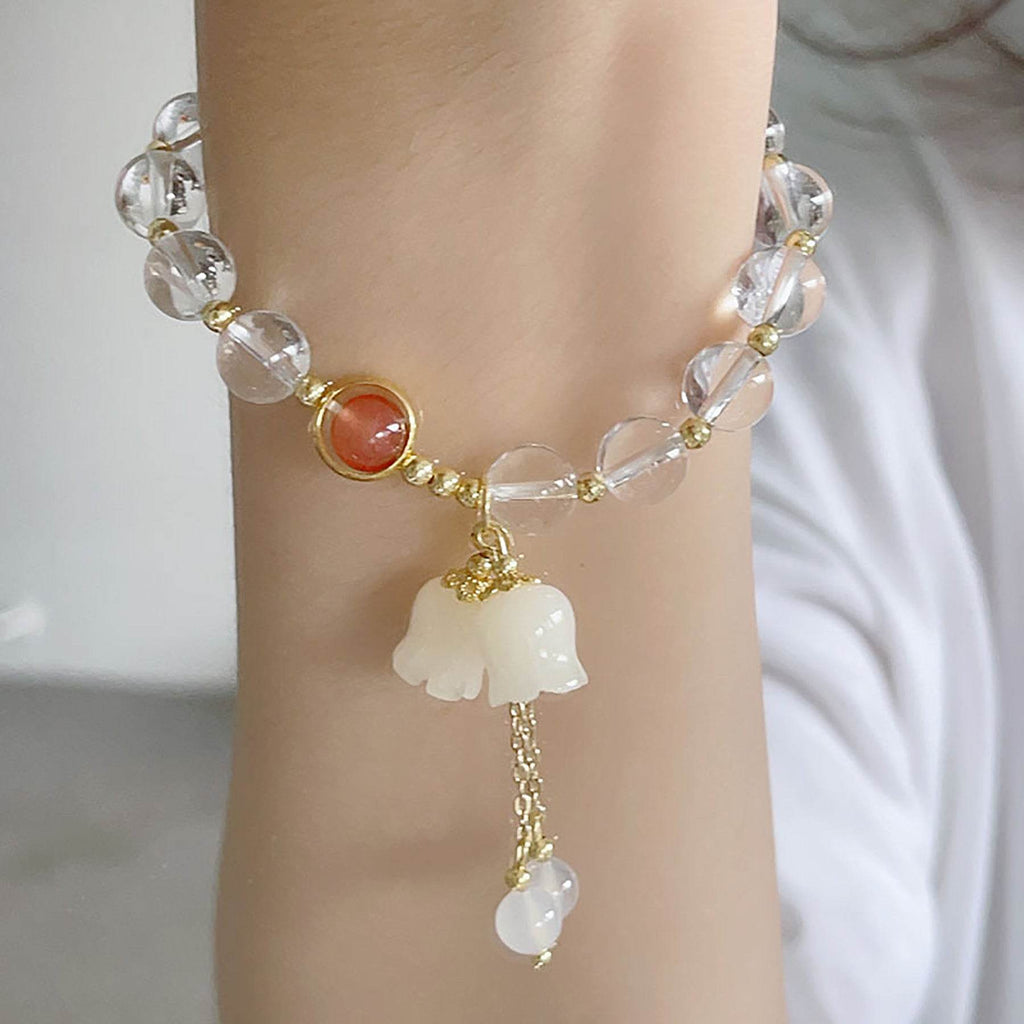 Clear Quartz Bracelet Lily Rose Flower Charm Feng Shui Wealth Crystal Bracelet for Prosperity Money - Loton Decor