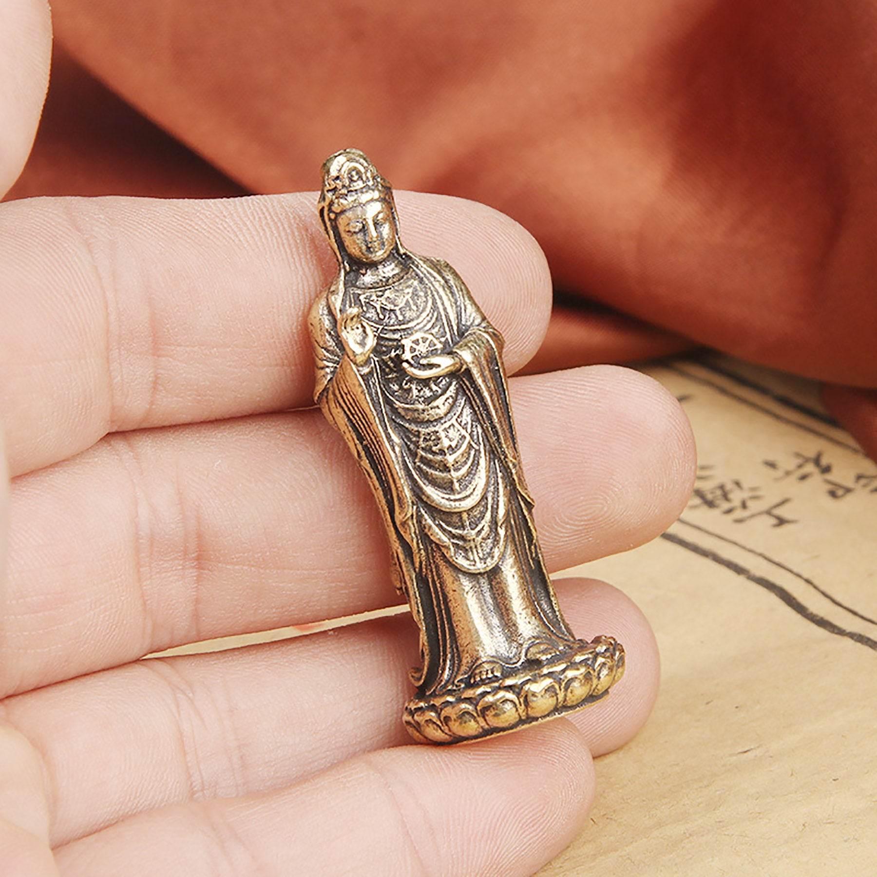 Solid Brass South Sea Guan Yin Statue Miniature Feng Shui Wealth Kwan Yin Spiritual Meditation Decor for Prosperity Tranquility - Loton Decor