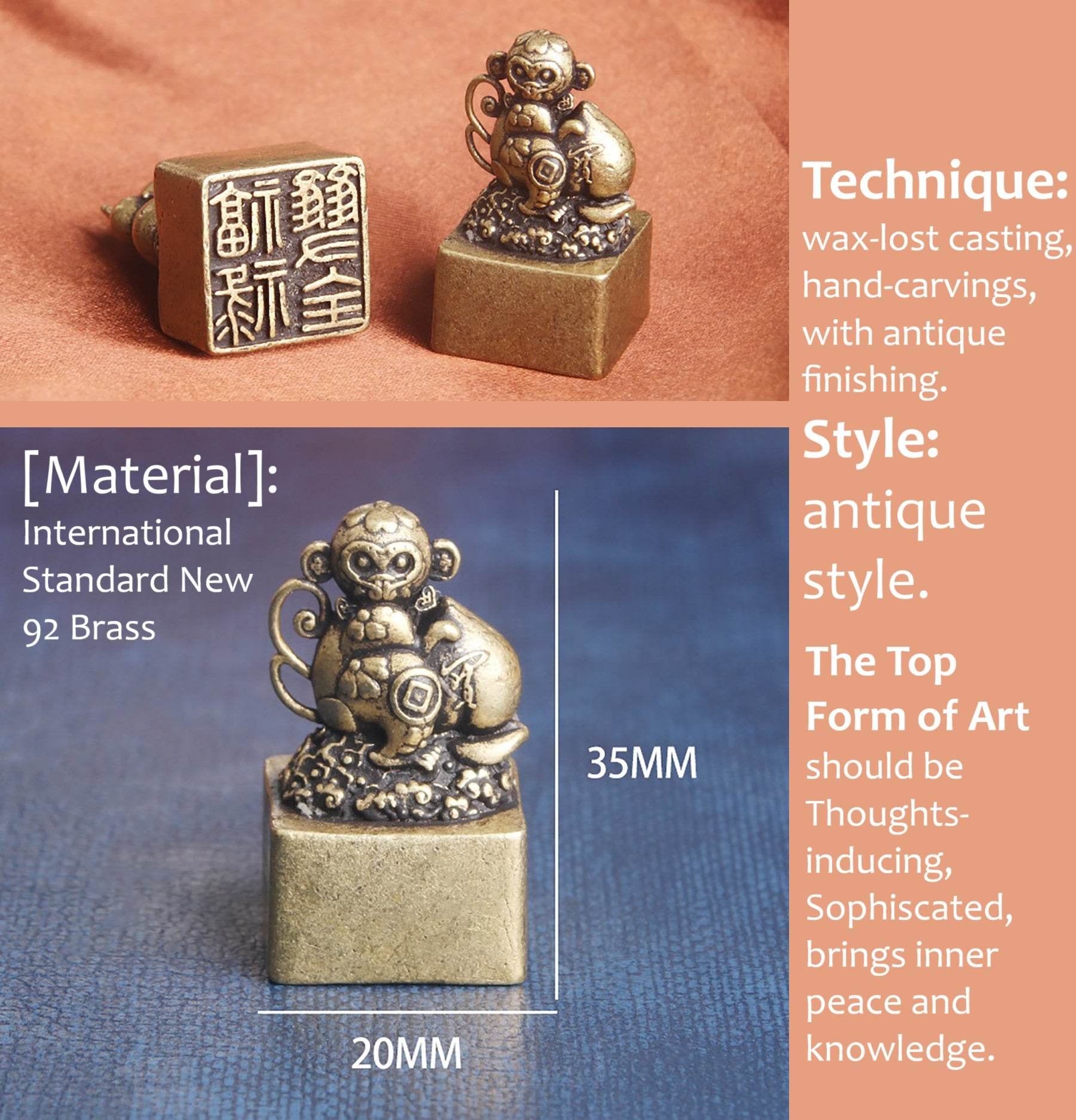 Brass Monkey Signet Cute Spiritual Zodiac Animal Stamps Feng Shui Gourd Peach Longevity Amulet - Loton Decor