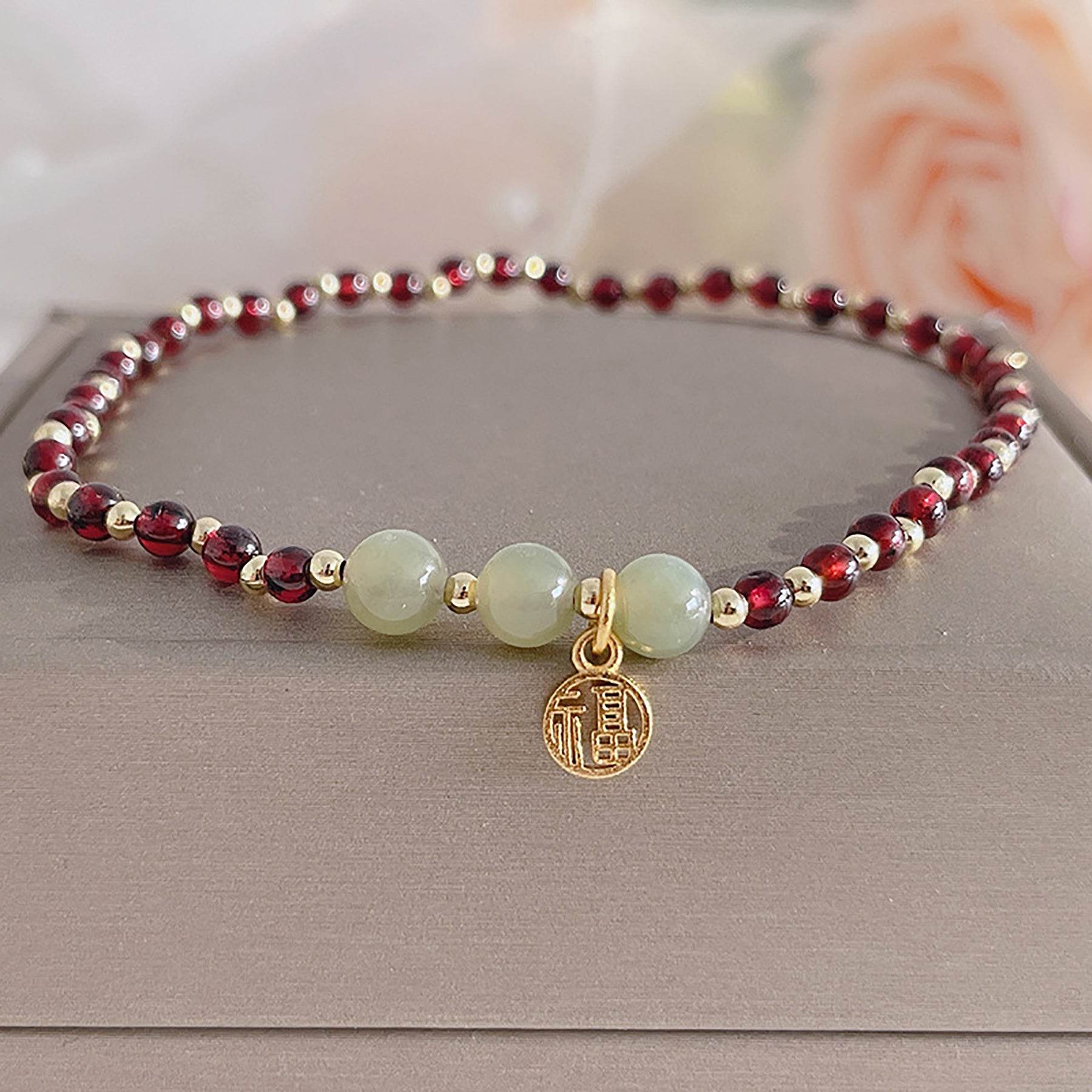 Garnet Anklet Purple Teeth Garnet Golden Charm Feng Shui Wealth Ankle Bracelet Crystal Healing Chakra Gem Bracelet - Loton Decor