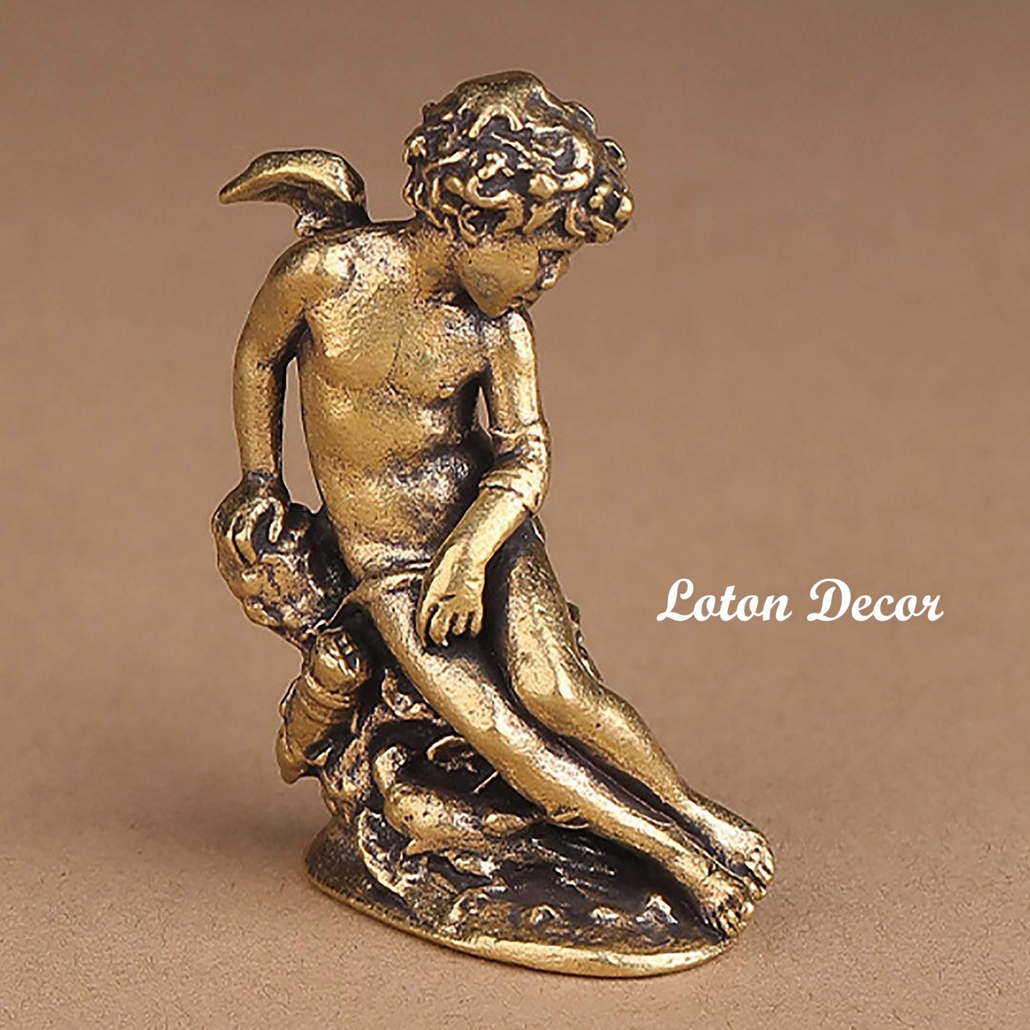 Solid Brass Cupid Miniature Statue God of Love Feng Shui Wealth Love Amulet for Prosperity Romance - Loton Decor
