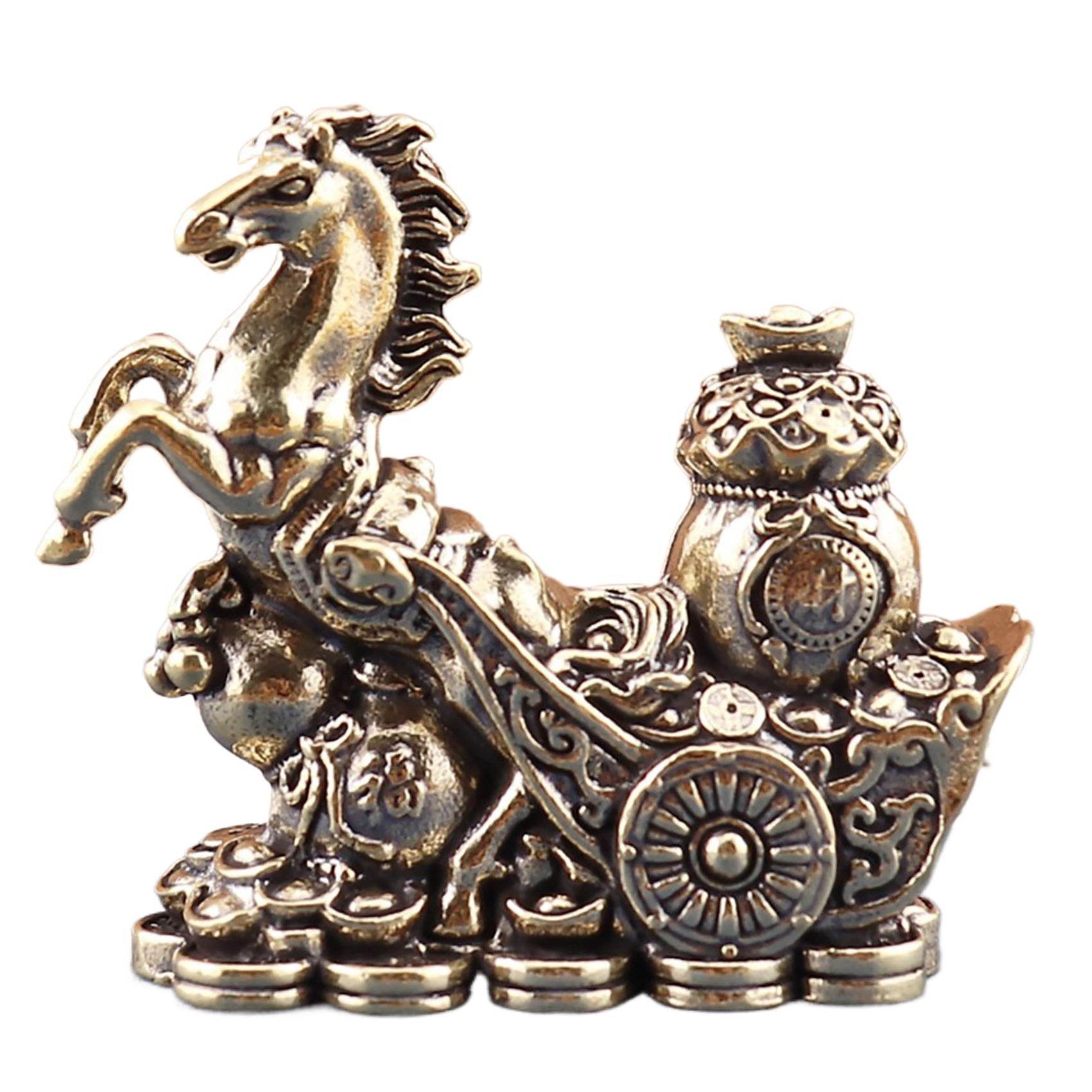 Gallop Horse Solid Brass Wealth Statue Chariot Feng Shui Talisman Longevity Gourd Money Bag Zodiac Spiritual Animal - Loton Decor