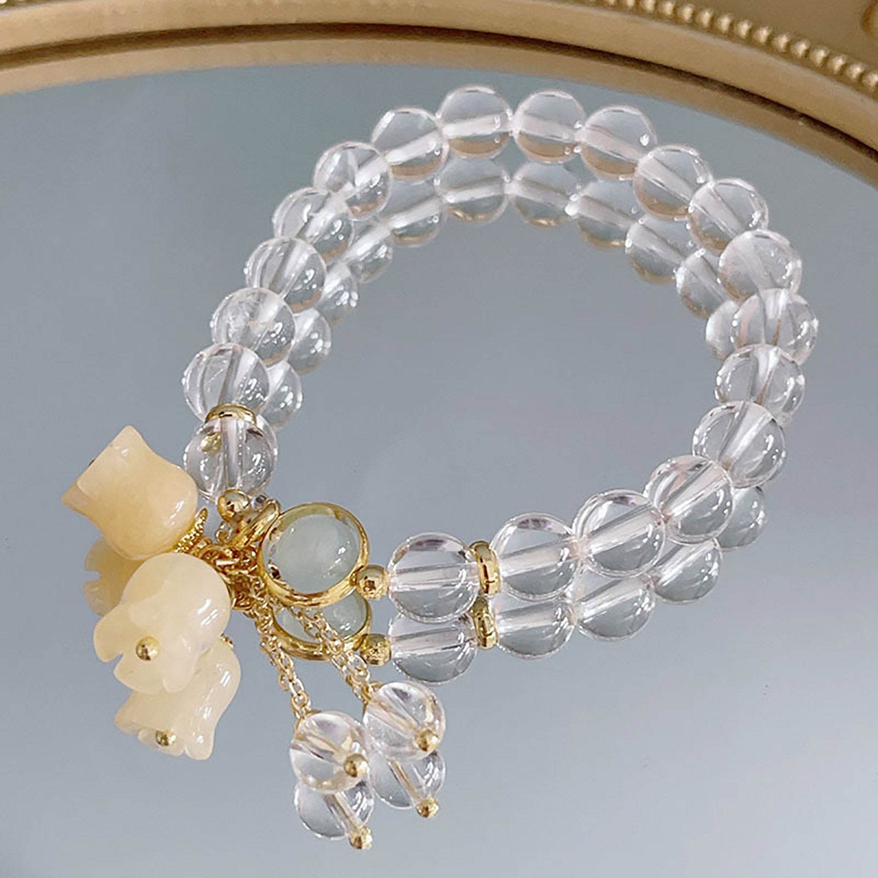 Clear Quartz Bracelet Lily Rose Flower Charm Feng Shui Wealth Crystal Bracelet for Prosperity Money - Loton Decor