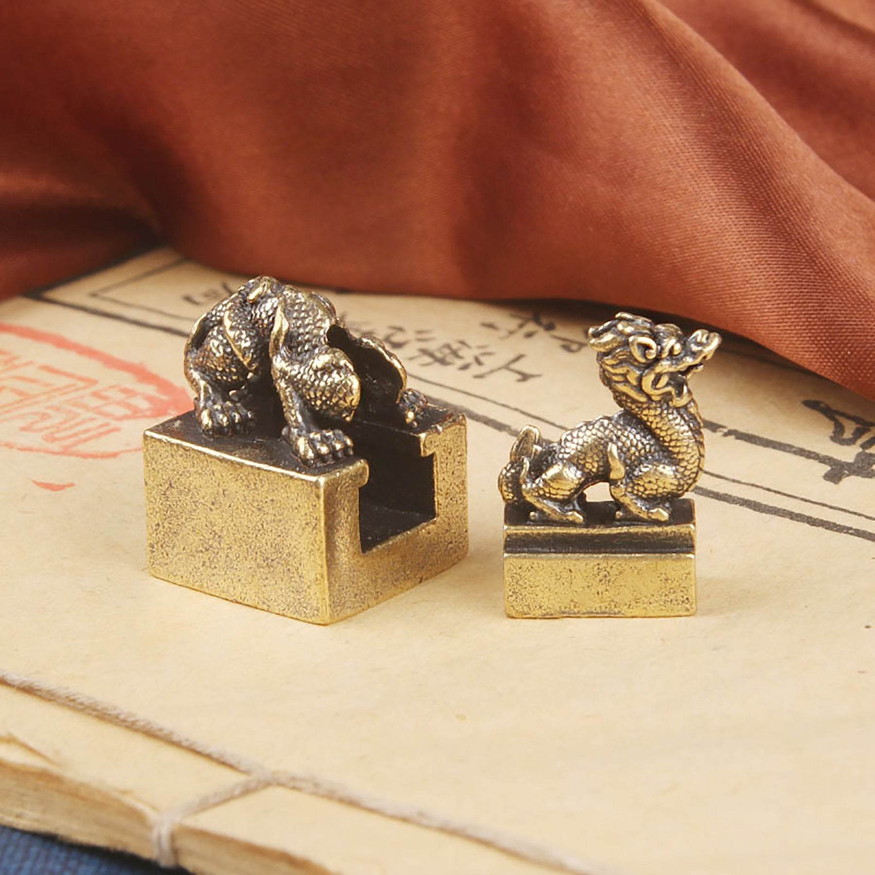 Brass Green Dragon Signet Tibetan Auspicious Spiritual Animal Seal Metal Art Feng Shui Wealth Stamps Suite Set of 2 for Prosperity Luck - Loton Decor