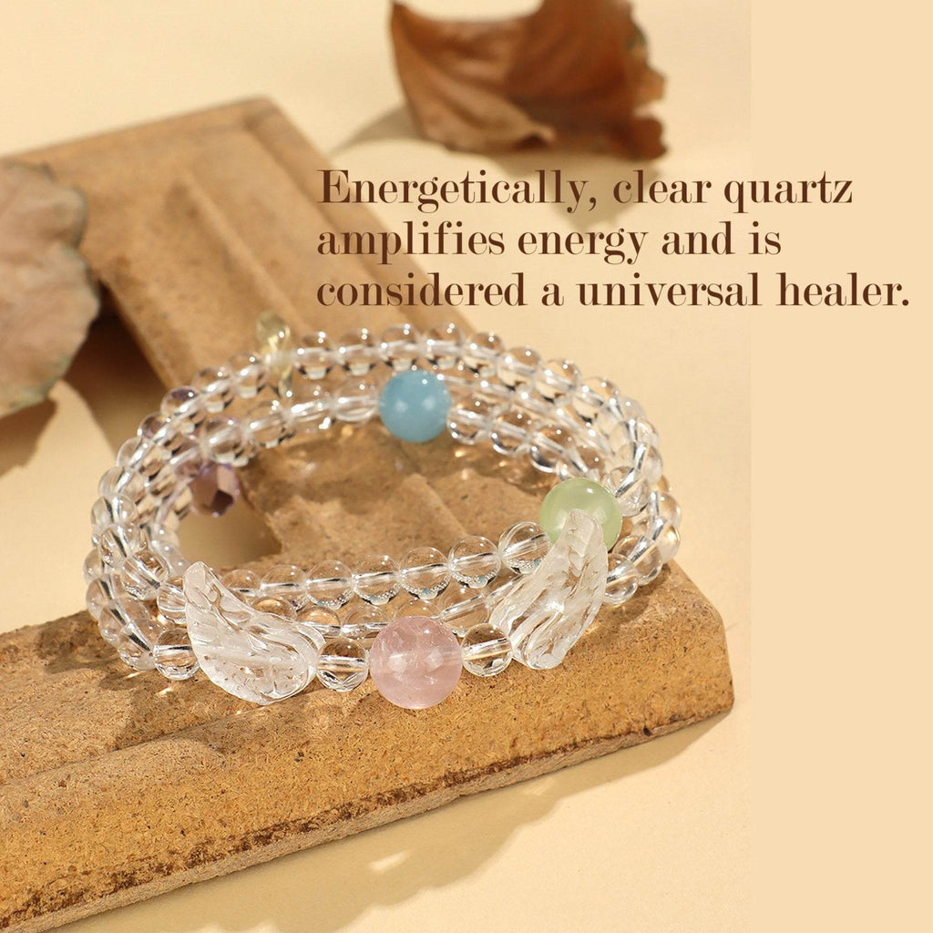 Clear Quartz Bracelet Angel Wings Multi-Layer Beaded Crystal Bracelet Chakra Balance Gems - Loton Decor