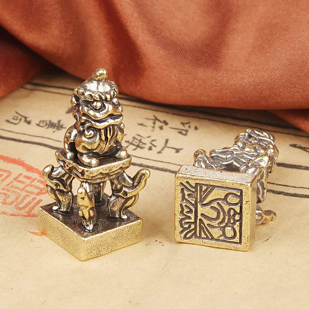 Brass Tibetan Auspicious Animal Signet Nepal Buddhist Metal Art Seal Feng Shui Wealth Stamps Xiezhi Dome Pavilion - Loton Decor