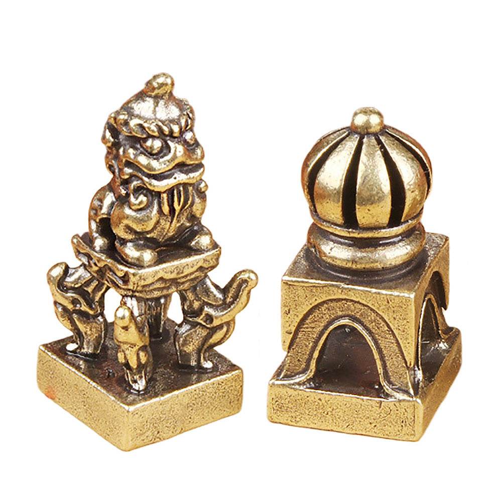 Brass Tibetan Auspicious Animal Signet Nepal Buddhist Metal Art Seal Feng Shui Wealth Stamps Xiezhi Dome Pavilion - Loton Decor