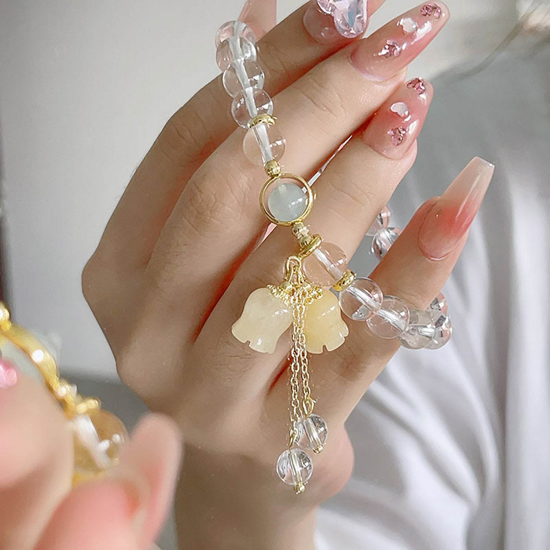 Clear Quartz Bracelet Lily Rose Flower Charm Feng Shui Wealth Crystal Bracelet for Prosperity Money - Loton Decor