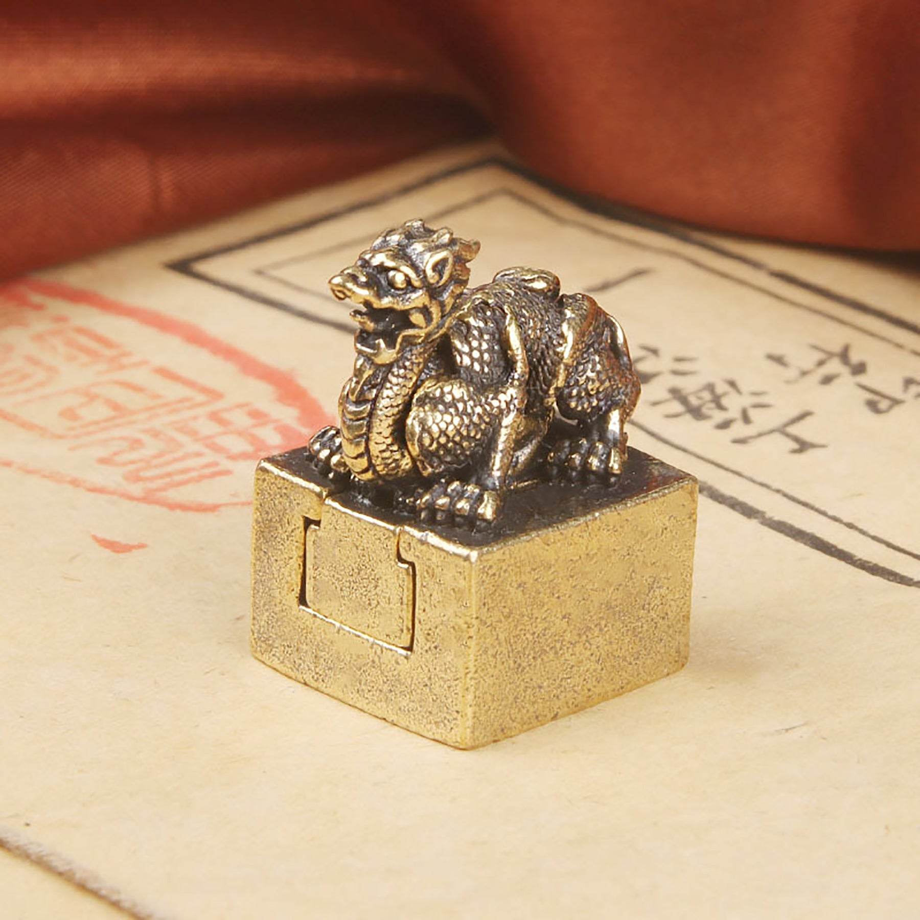Brass Green Dragon Signet Tibetan Auspicious Spiritual Animal Seal Metal Art Feng Shui Wealth Stamps Suite Set of 2 for Prosperity Luck - Loton Decor