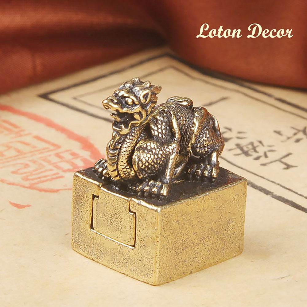 Brass Green Dragon Signet Tibetan Auspicious Spiritual Animal Seal Metal Art Feng Shui Wealth Stamps Suite Set of 2 for Prosperity Luck - Loton Decor
