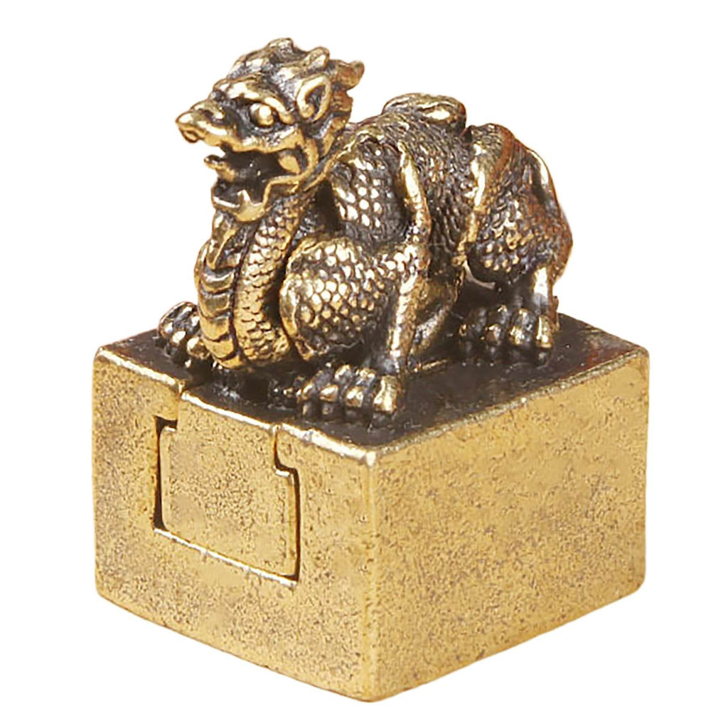 Brass Green Dragon Signet Tibetan Auspicious Spiritual Animal Seal Metal Art Feng Shui Wealth Stamps Suite Set of 2 for Prosperity Luck - Loton Decor