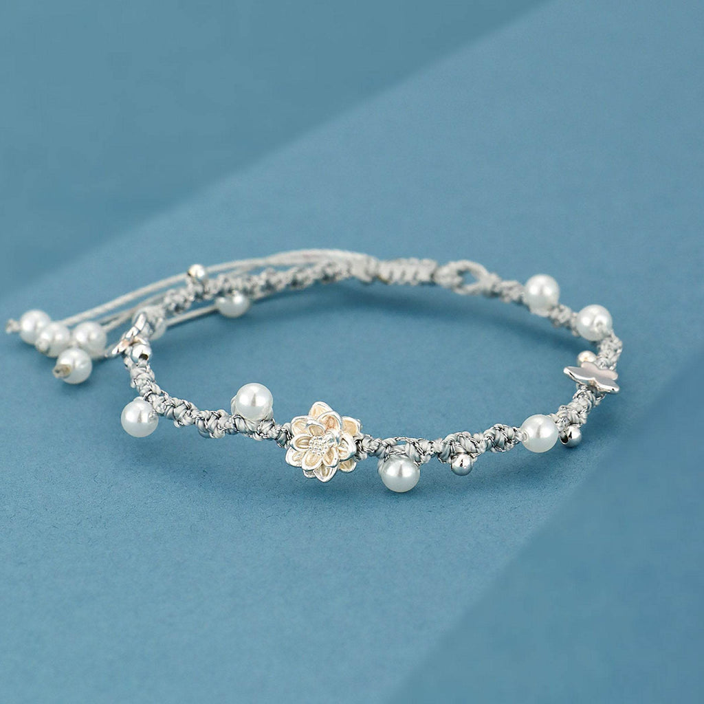 925 Pure Silver Lotus Bracelet Shell Pearls Hand-Woven Feng Shui Wealth Bracelet Meditation - Loton Decor