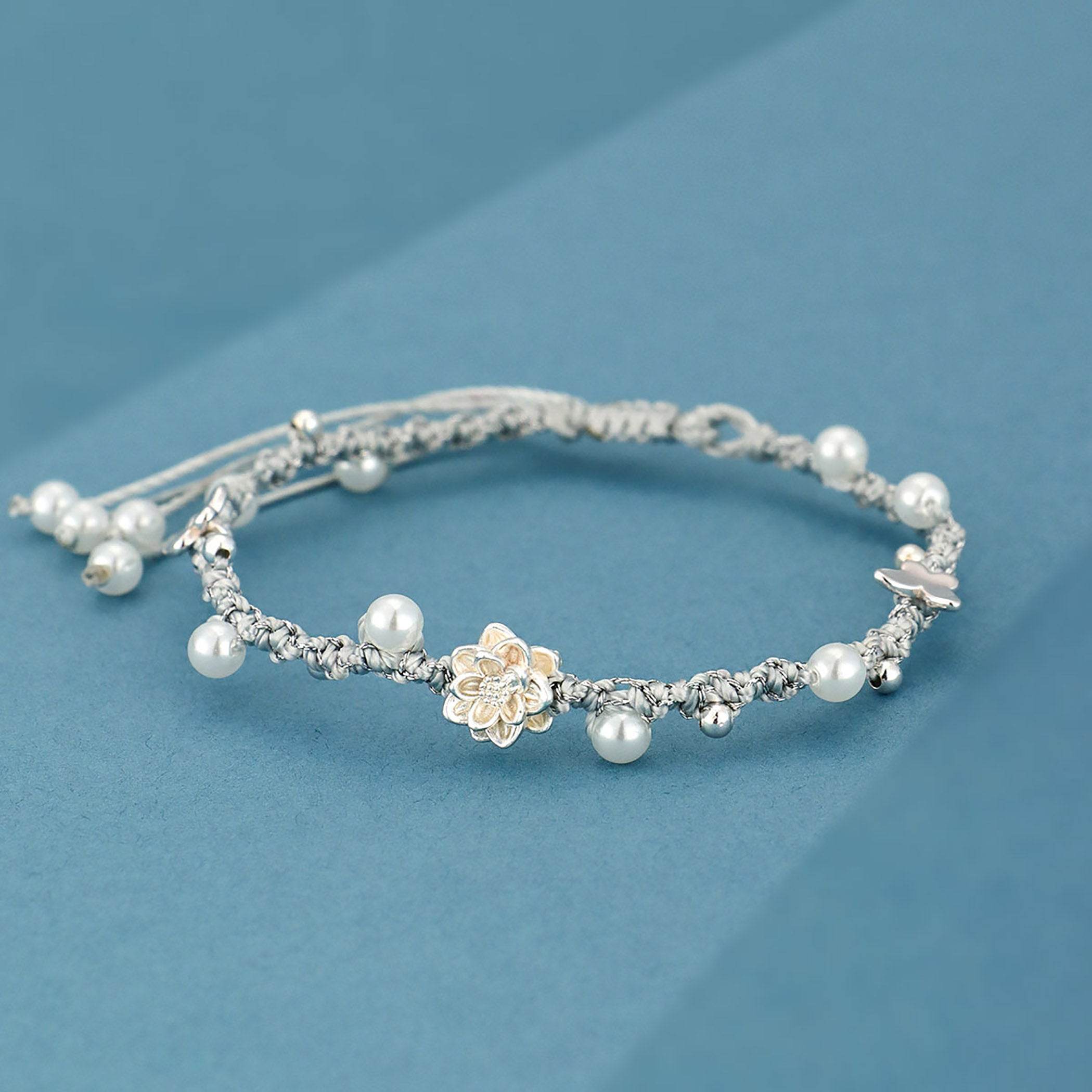 925 Pure Silver Lotus Bracelet Shell Pearls Hand-Woven Feng Shui Wealth Bracelet Meditation - Loton Decor