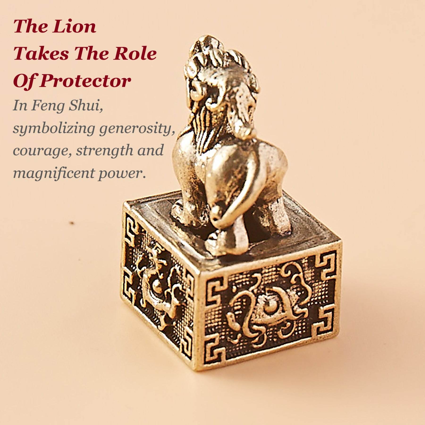 Brass Tibetan Lion Signet Cute Spiritual Auspicious Animal Figurine Stamps Fu Dog Feng Shui Wealth Amulet Five Emperors Coins - Loton Decor