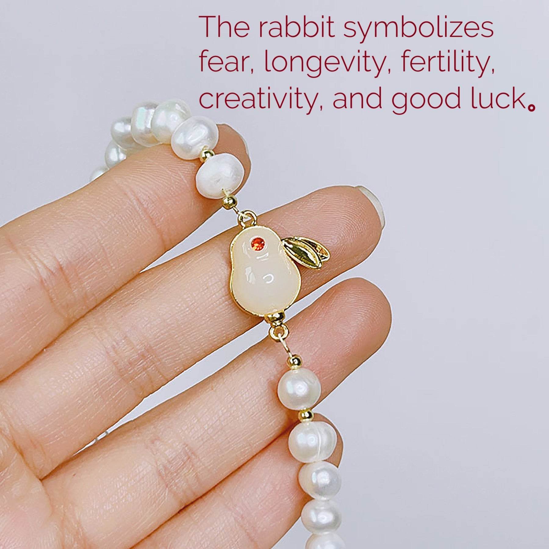 Freshwater Pearls Jade Rabbit Bracelet Zodiac Spiritual Animal Hare Feng Shui Wealth Bracelet for Money Prosperity - Loton Decor