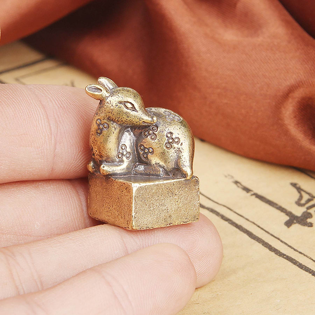 Brass Sika Deer Stamp Metal Art Forest Spiritual Animal Figurine Signet Feng Shui Wealth Amulet Seal for Tranquility Luck Happiness - Loton Decor