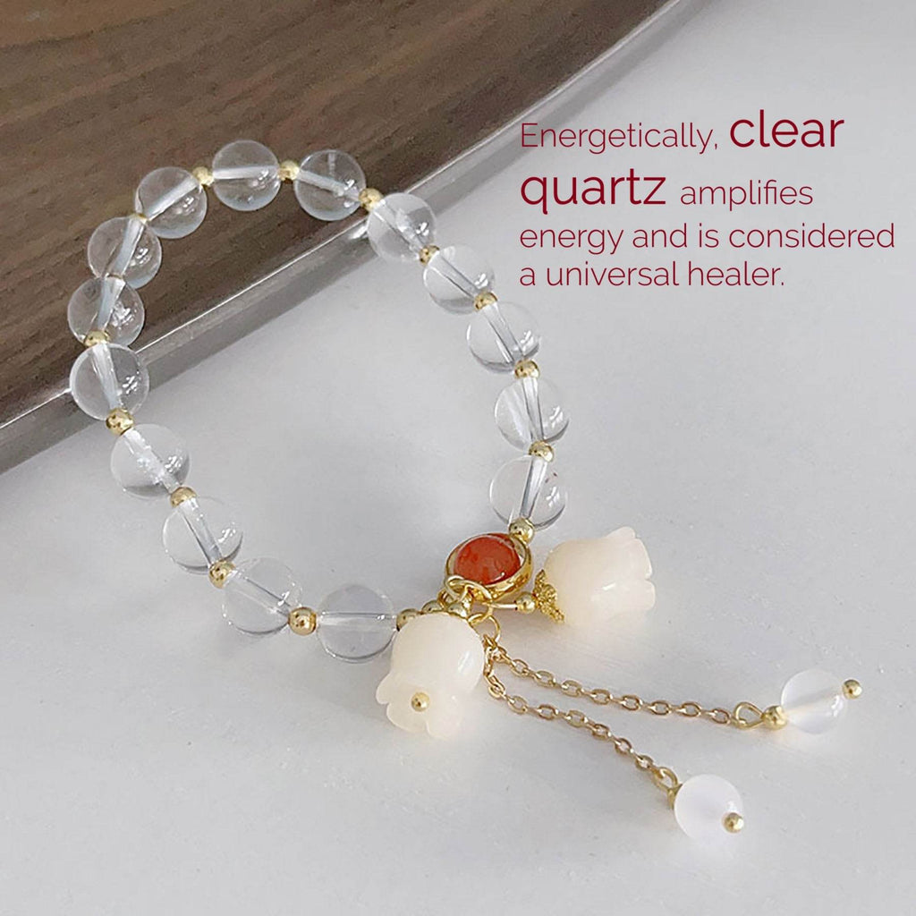 Clear Quartz Bracelet Lily Rose Flower Charm Feng Shui Wealth Crystal Bracelet for Prosperity Money - Loton Decor