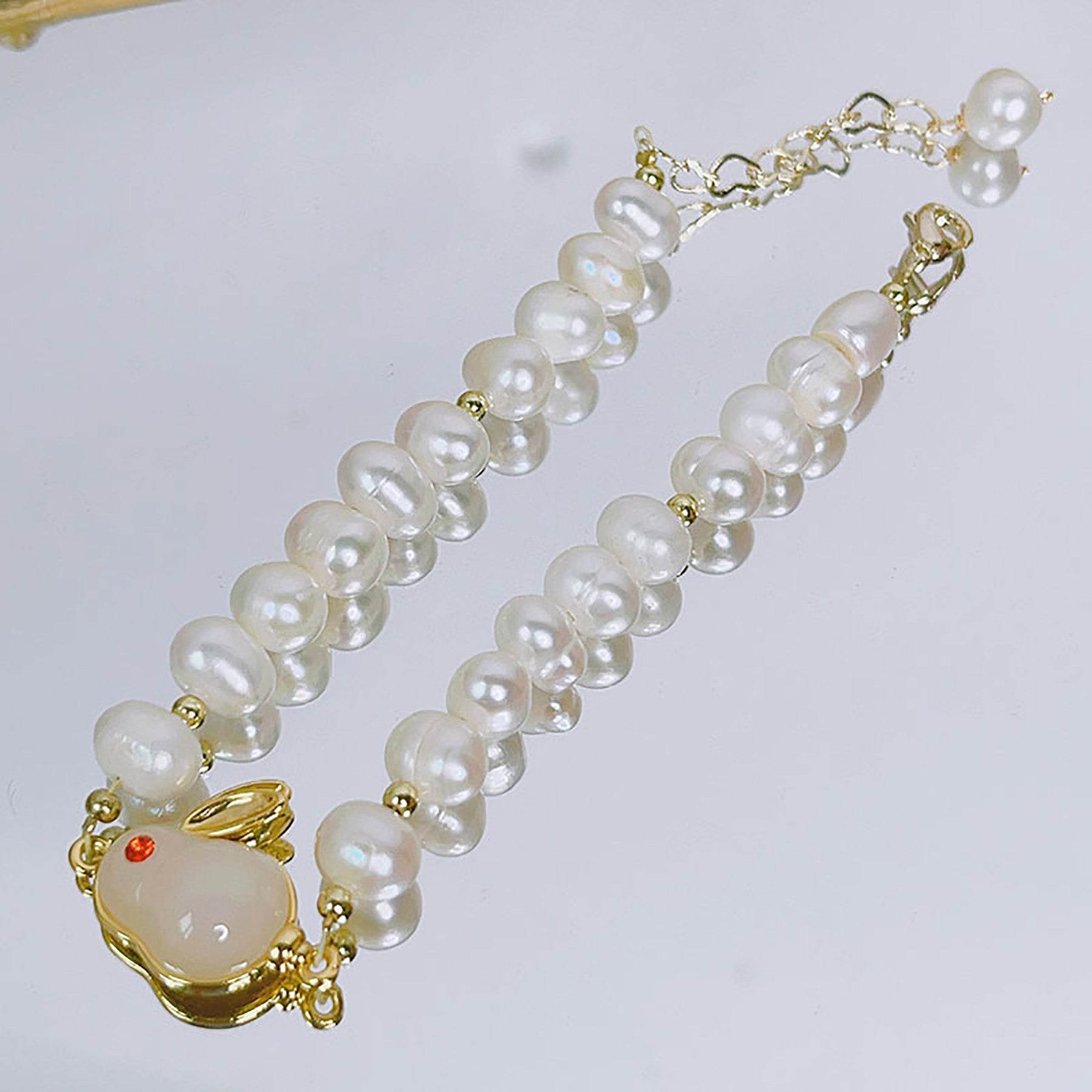 Freshwater Pearls Jade Rabbit Bracelet Zodiac Spiritual Animal Hare Feng Shui Wealth Bracelet for Money Prosperity - Loton Decor