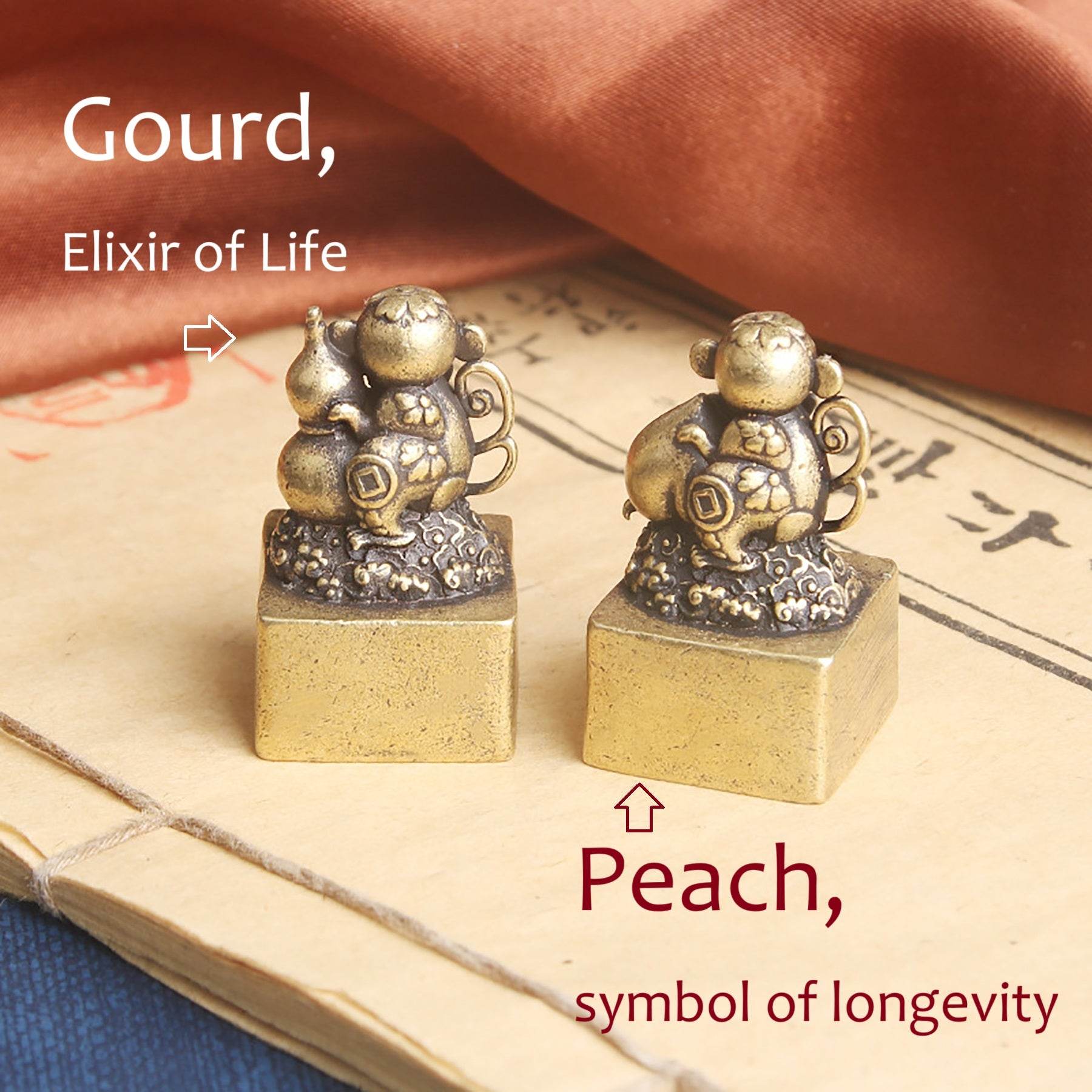 Brass Monkey Signet Cute Spiritual Zodiac Animal Stamps Feng Shui Gourd Peach Longevity Amulet - Loton Decor