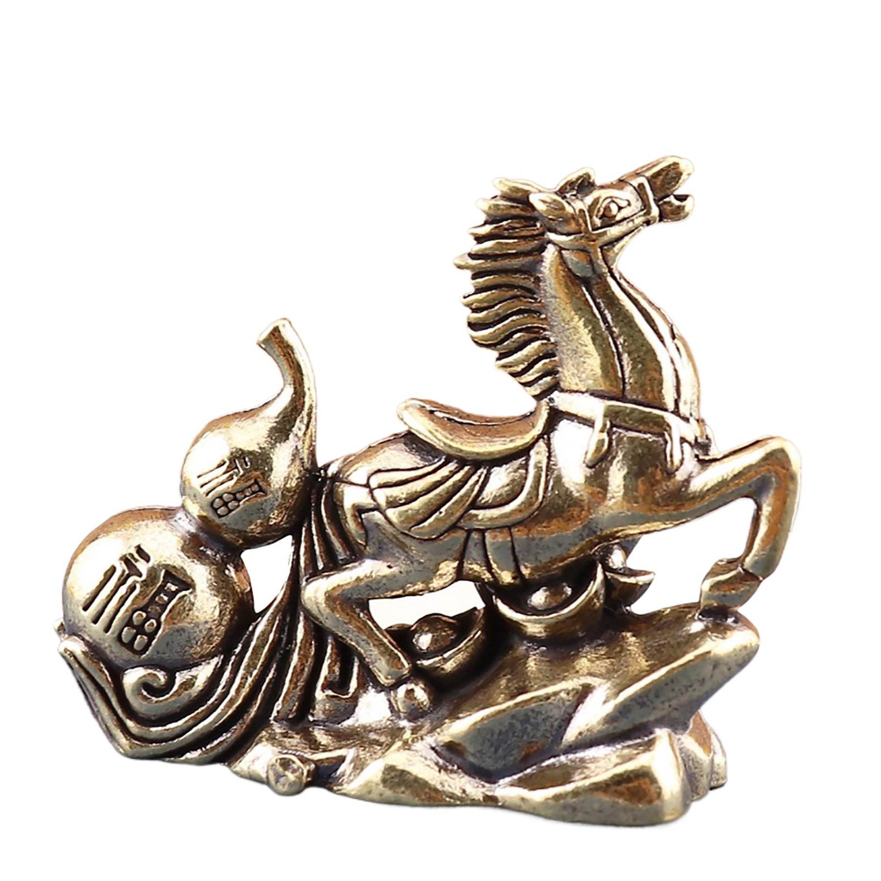 Gallop Horse Solid Brass Wealth Statue Chariot Feng Shui Talisman Longevity Gourd Money Bag Zodiac Spiritual Animal - Loton Decor