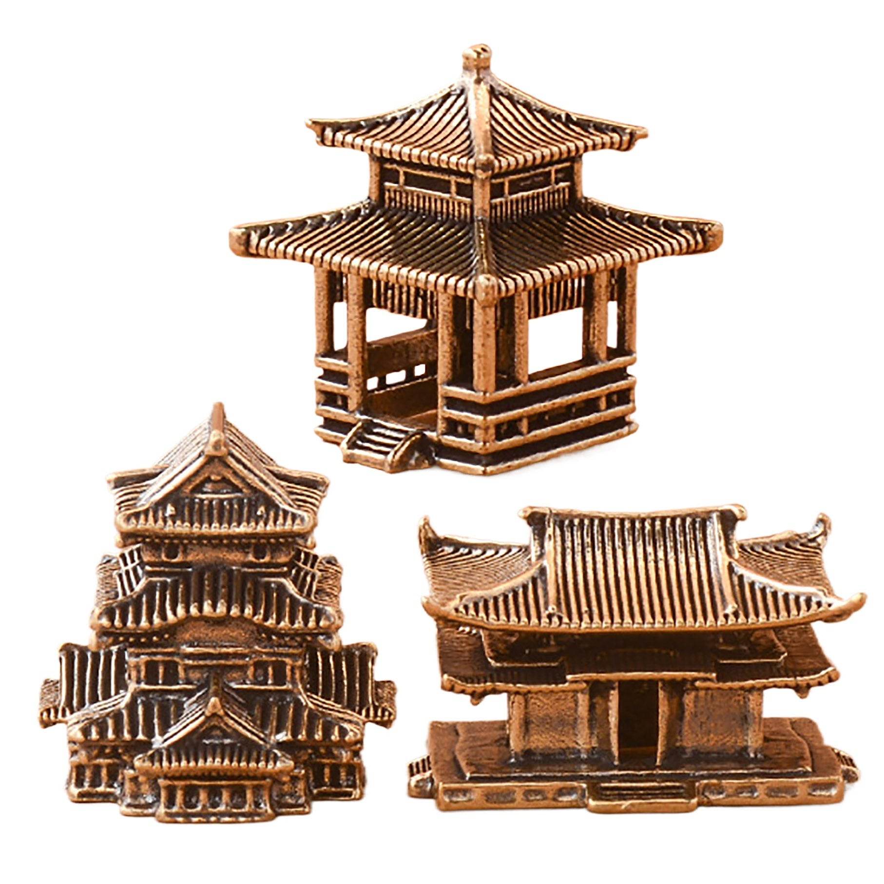 Solid Brass Ancient Architecture Statue Feng Shui Wealth Metal Art Talisman Pavilion Tower Palace - Loton Decor
