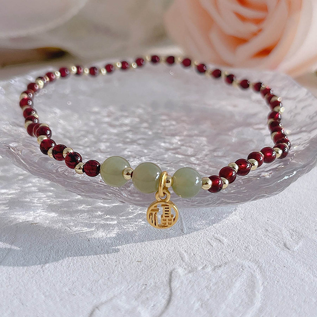 Garnet Anklet Purple Teeth Garnet Golden Charm Feng Shui Wealth Ankle Bracelet Crystal Healing Chakra Gem Bracelet - Loton Decor