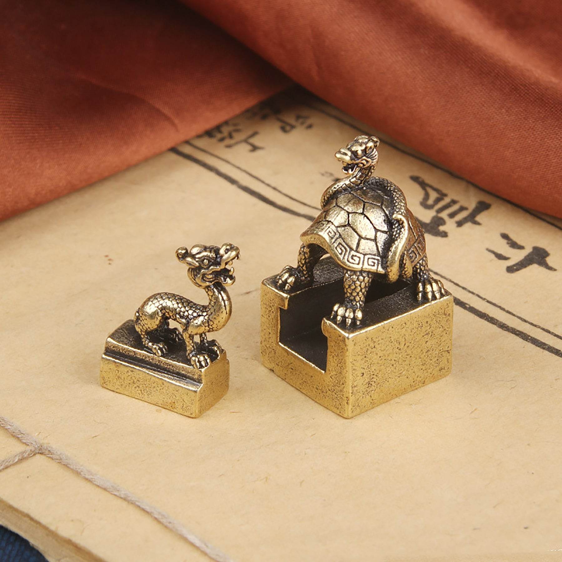 Black Tortoise Feng Shui Signet Metal Art Stamp Suite Set of 2 Celestial Animal Spiritual Amulet Prosperity Luck Positivity - Loton Decor