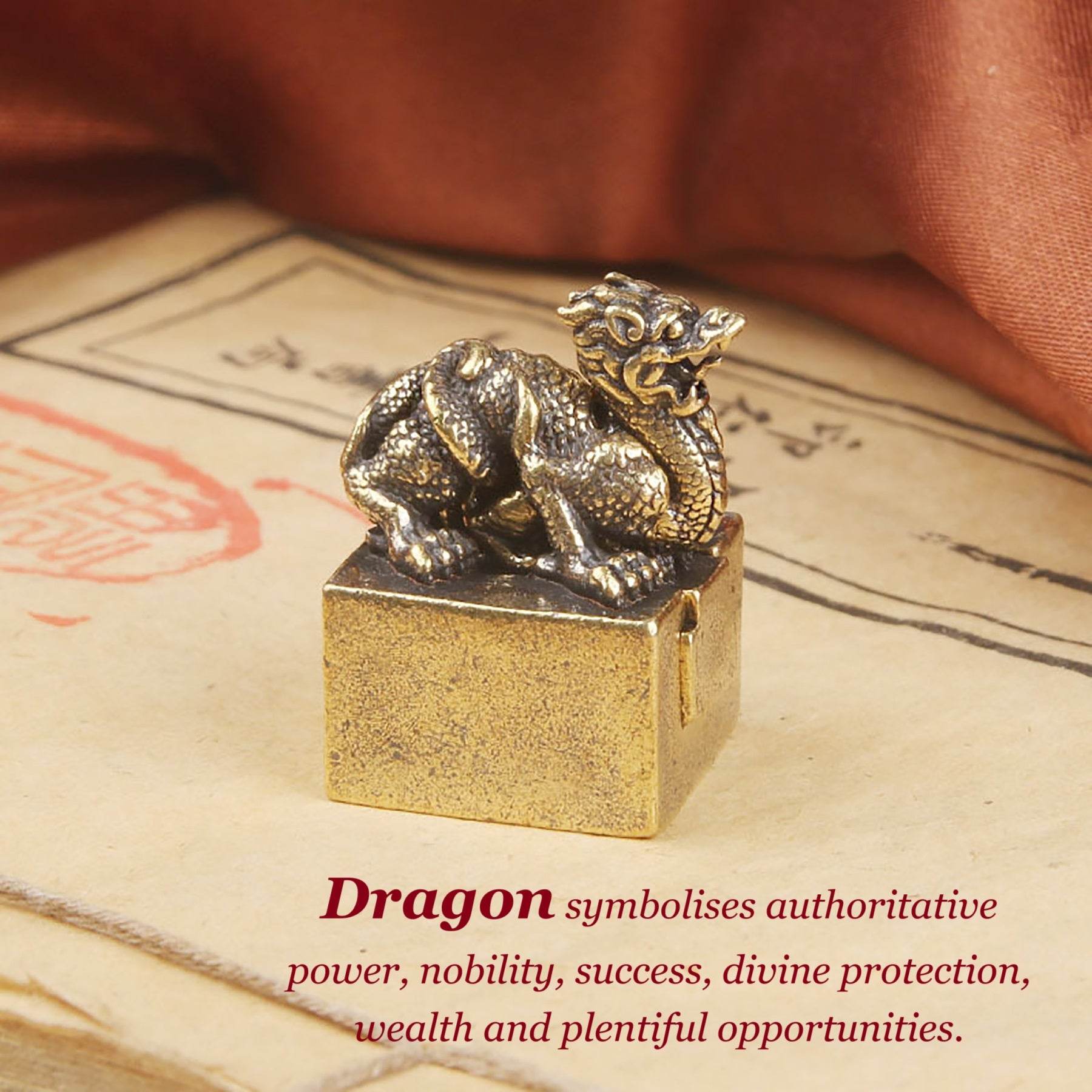 Brass Green Dragon Signet Tibetan Auspicious Spiritual Animal Seal Metal Art Feng Shui Wealth Stamps Suite Set of 2 for Prosperity Luck - Loton Decor