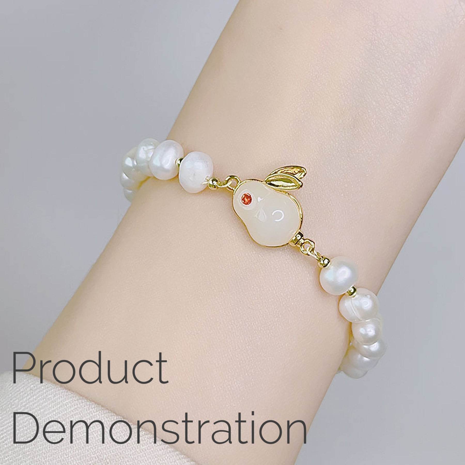 Freshwater Pearls Jade Rabbit Bracelet Zodiac Spiritual Animal Hare Feng Shui Wealth Bracelet for Money Prosperity - Loton Decor