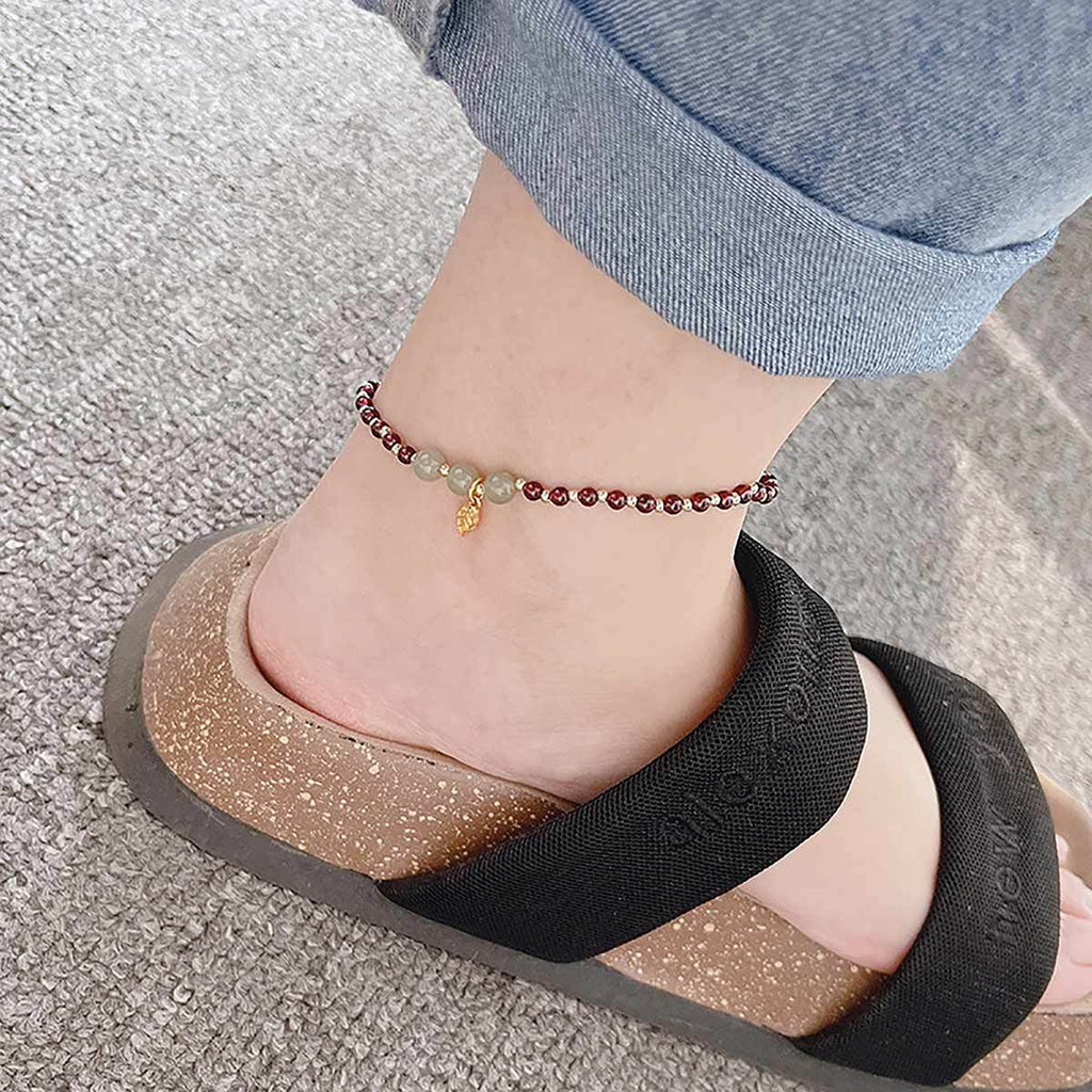 Garnet Anklet Purple Teeth Garnet Golden Charm Feng Shui Wealth Ankle Bracelet Crystal Healing Chakra Gem Bracelet - Loton Decor