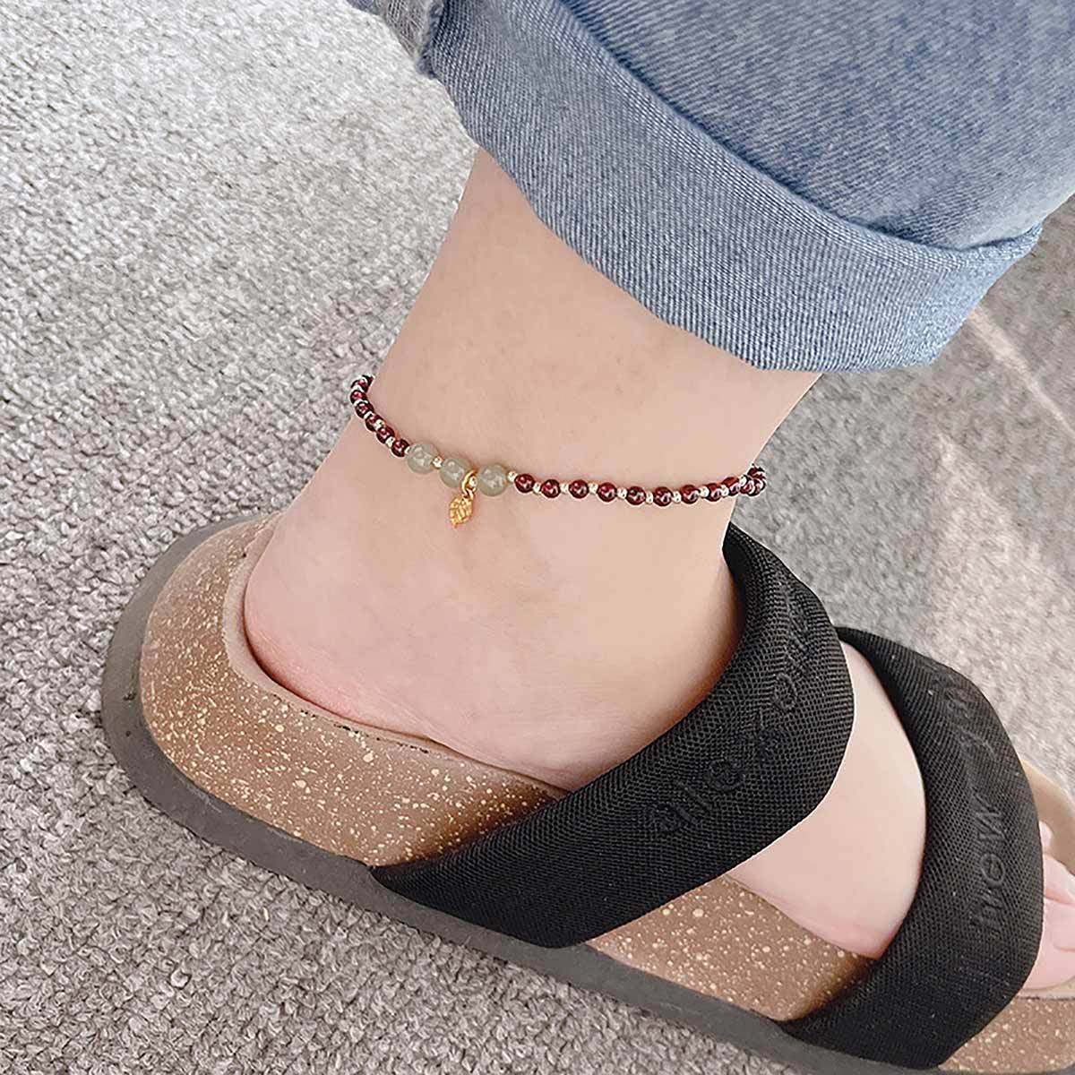 Garnet Anklet Purple Teeth Garnet Golden Charm Feng Shui Wealth Ankle Bracelet Crystal Healing Chakra Gem Bracelet - Loton Decor