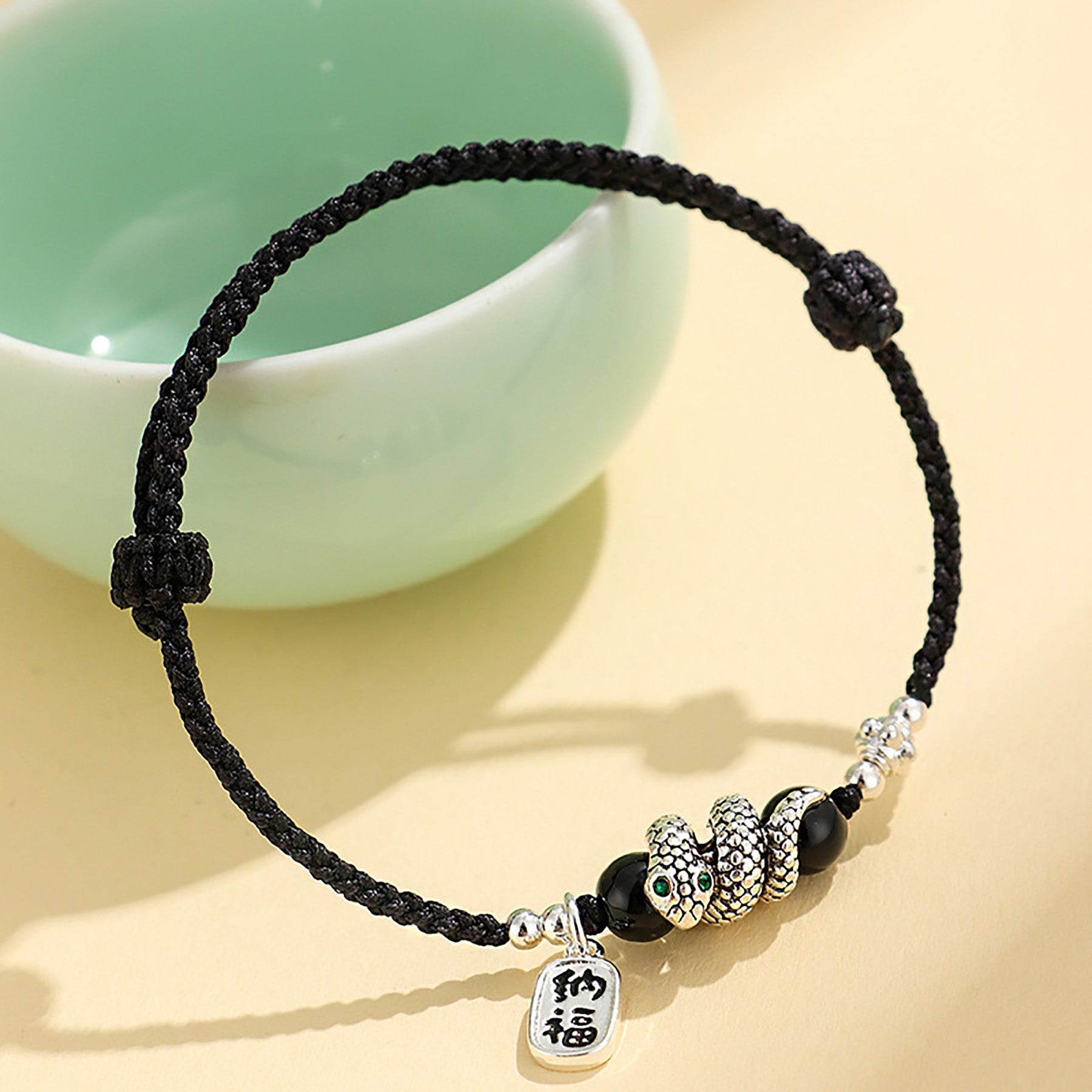 Red Cord Tibetan Silver Bracelet Black Green Easy to Adjust Feng Shui Wealth Bracelet for Prosperity - Loton Decor