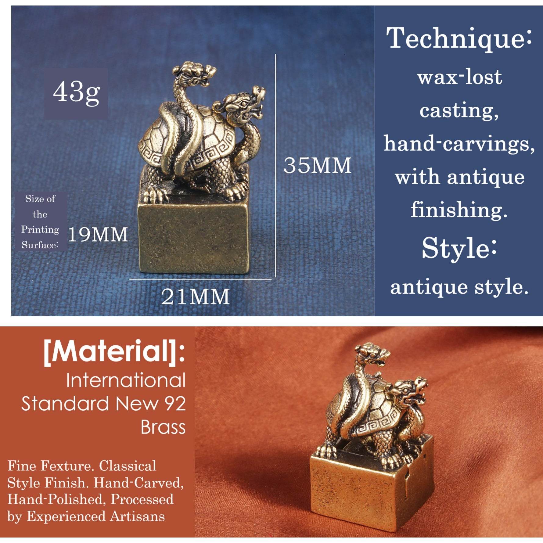 Black Tortoise Feng Shui Signet Metal Art Stamp Suite Set of 2 Celestial Animal Spiritual Amulet Prosperity Luck Positivity - Loton Decor