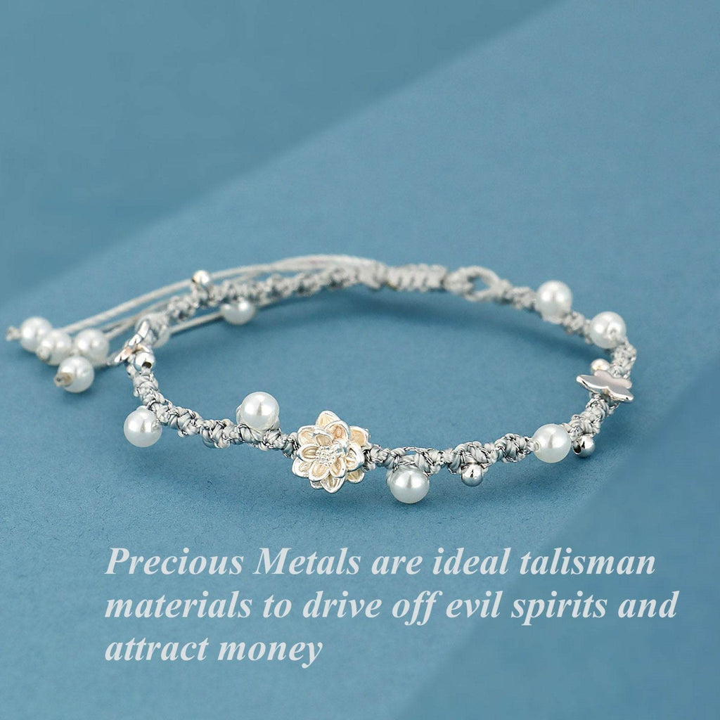 925 Pure Silver Lotus Bracelet Shell Pearls Hand-Woven Feng Shui Wealth Bracelet Meditation - Loton Decor