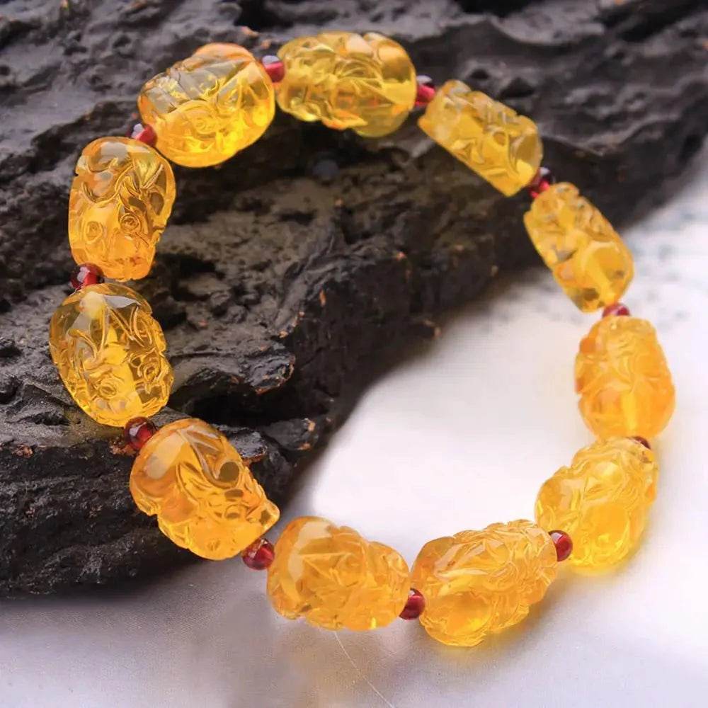 Amber Pixiu Bracelet – Feng Shui Wealth Garnet Dragon Crystal Amulet - Loton Decor